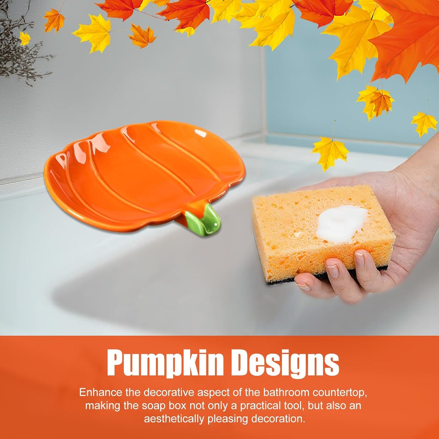 Ceramic Pumpkin Soap Dishes Elegant Shower Soap Dish Holder Fall Spoon Rest Bathroom / Set of 2