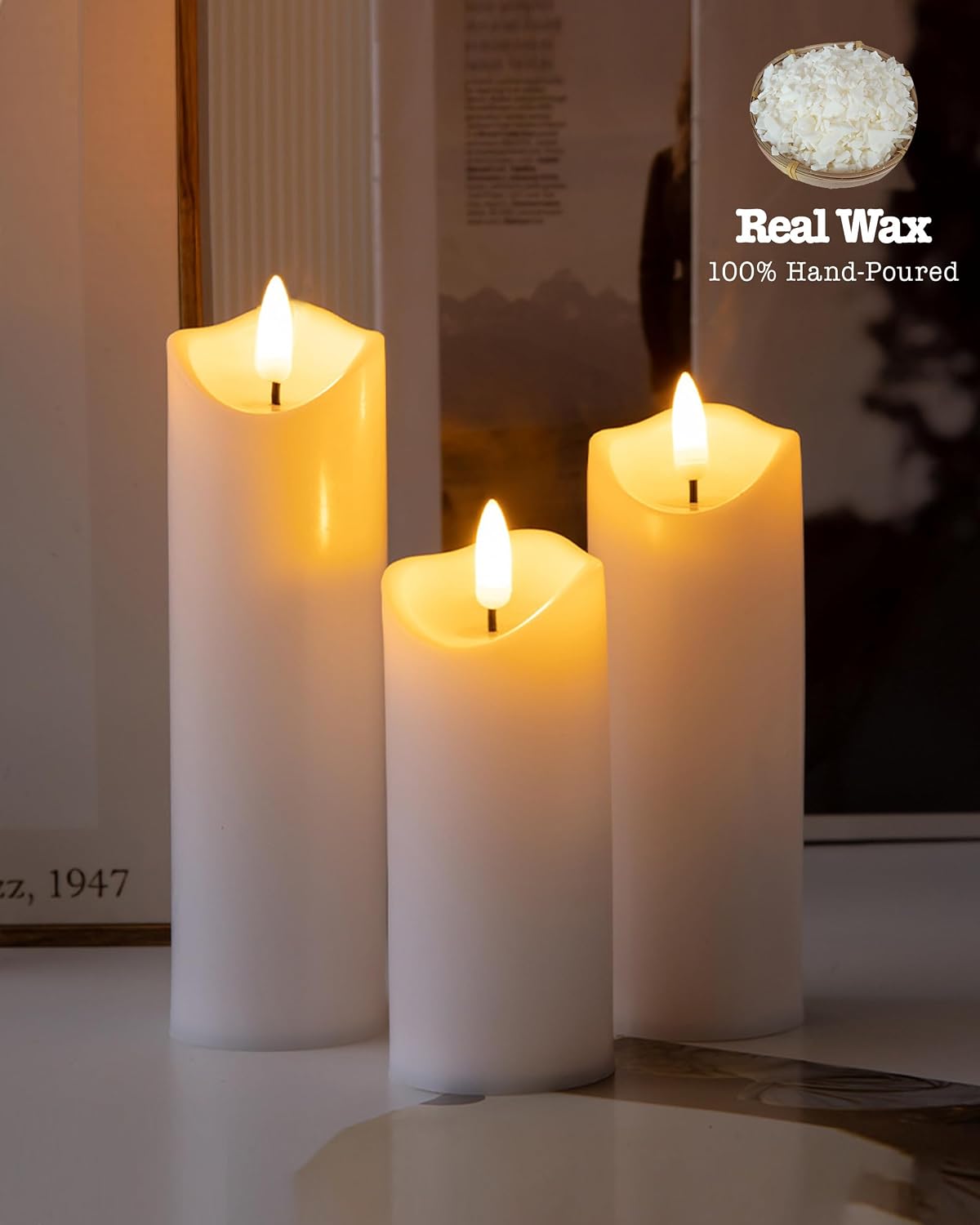 Gmnee 9-Pack Flickering Flameless Candles with Remote Timer, LED, Real Wax | 2" Diameter White Pillar Candles, Fake