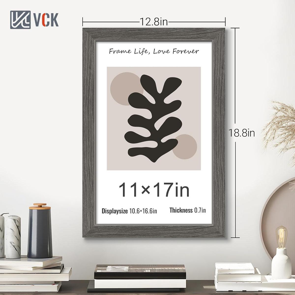 VCK 11x17 Picture Frame Set of 3, Gray Grey Wood Frames, Gallery Wall Decor Photo Frames for Wall Mounting Horizontally
