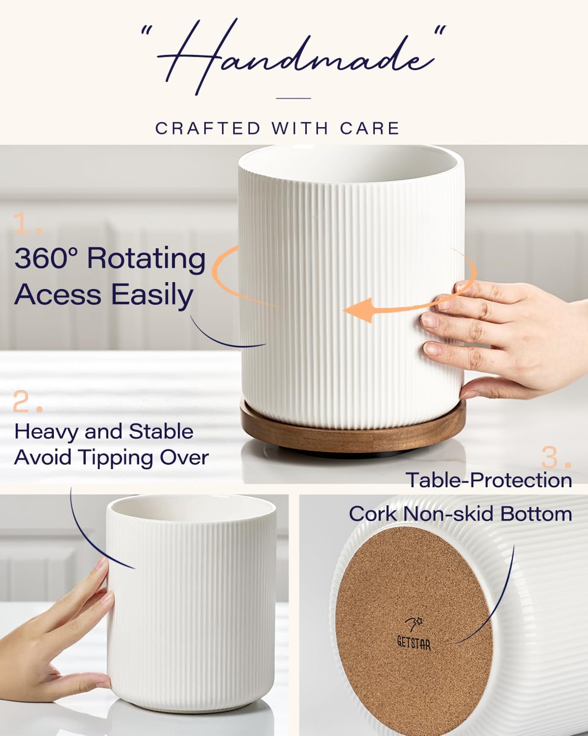 getstar Extra Large Rotating Utensil Holder for Kitchen Counter, 7.9" Ceramic Utensils Crocks Set for Countertop Large