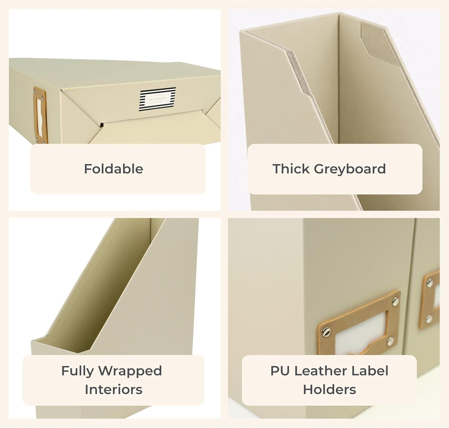 BLU MONACO | Cardboard Magazine File Holder Set of 6 | Vertical Magazine File Holder with Label Slots | Beige Linen