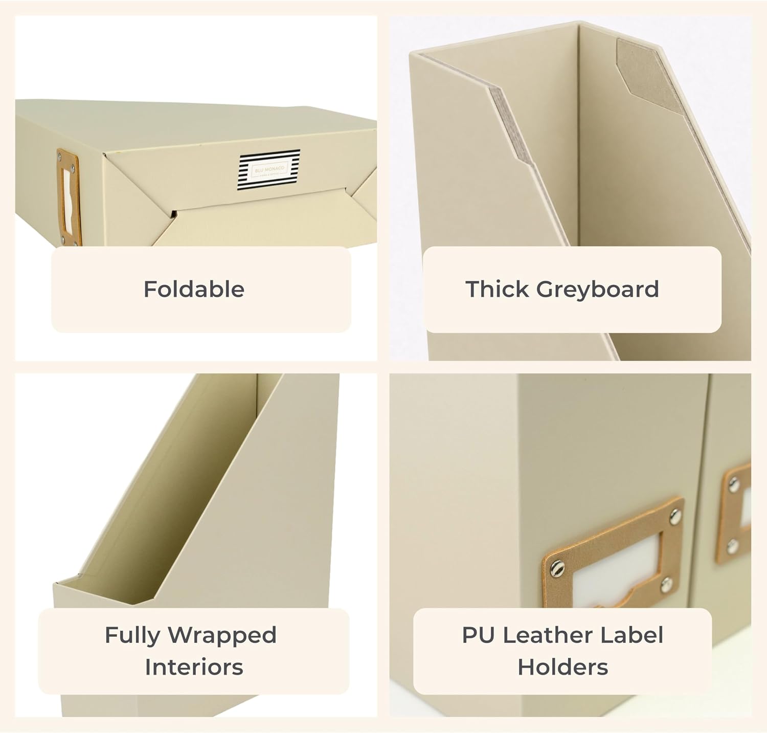 BLU MONACO | Cardboard Magazine File Holder Set of 6 | Vertical Magazine File Holder with Label Slots | Beige Linen