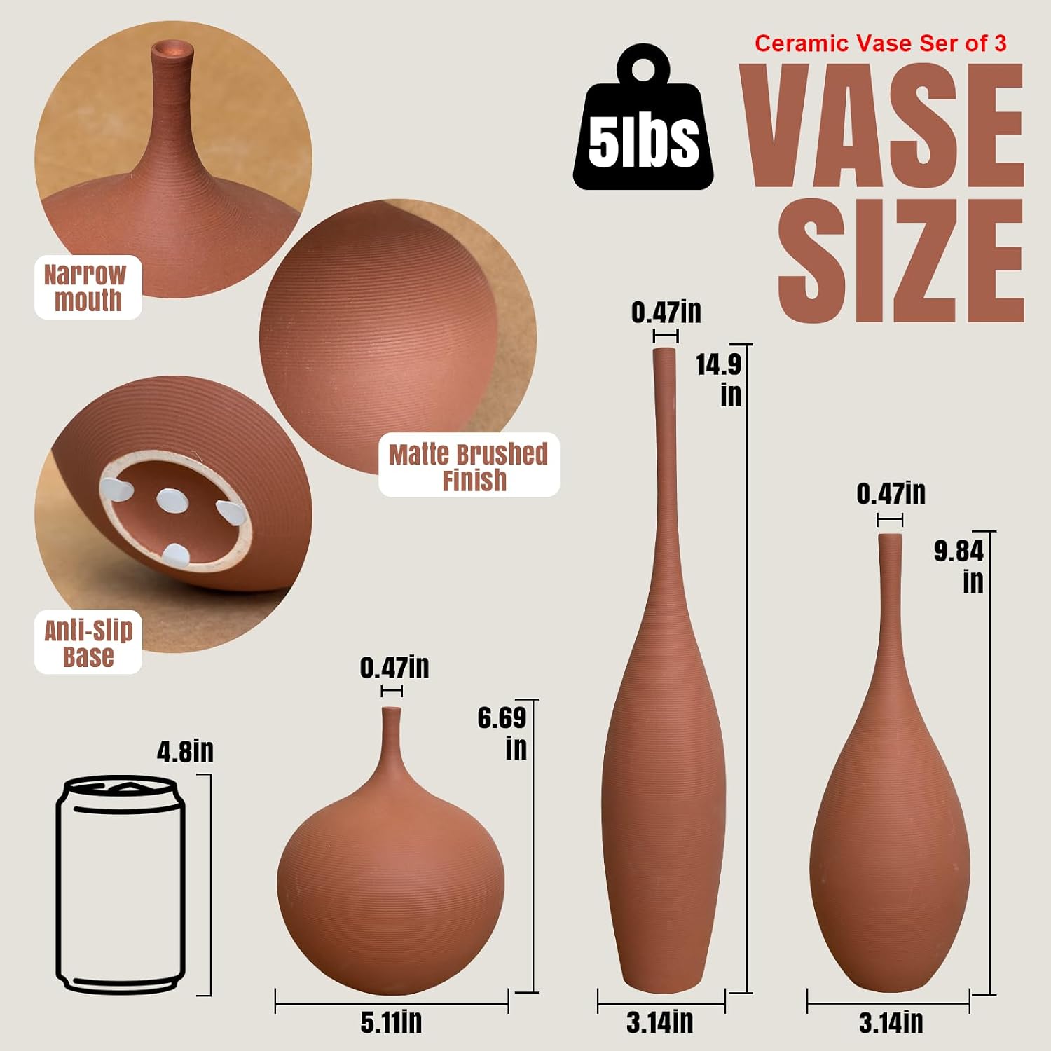 Ceramic Vases / Modern Boho Vases for Centerpiece Decor / Terracotta Brown / Set of 3