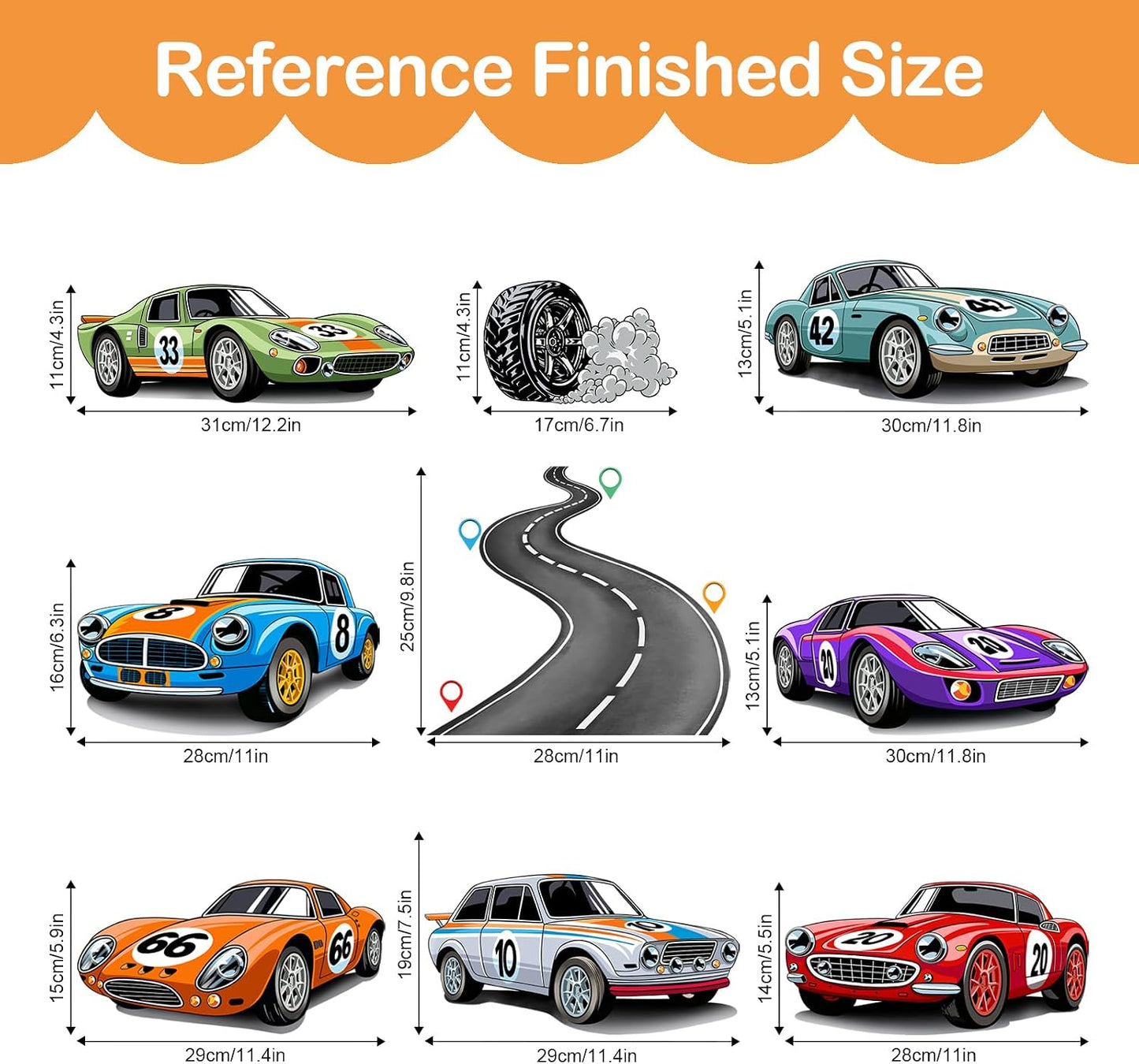 Racing Car Wall Decals Roads Vehicles Wall Stickers Vinyl Removable Wall Art for Boys Bedroom Kids