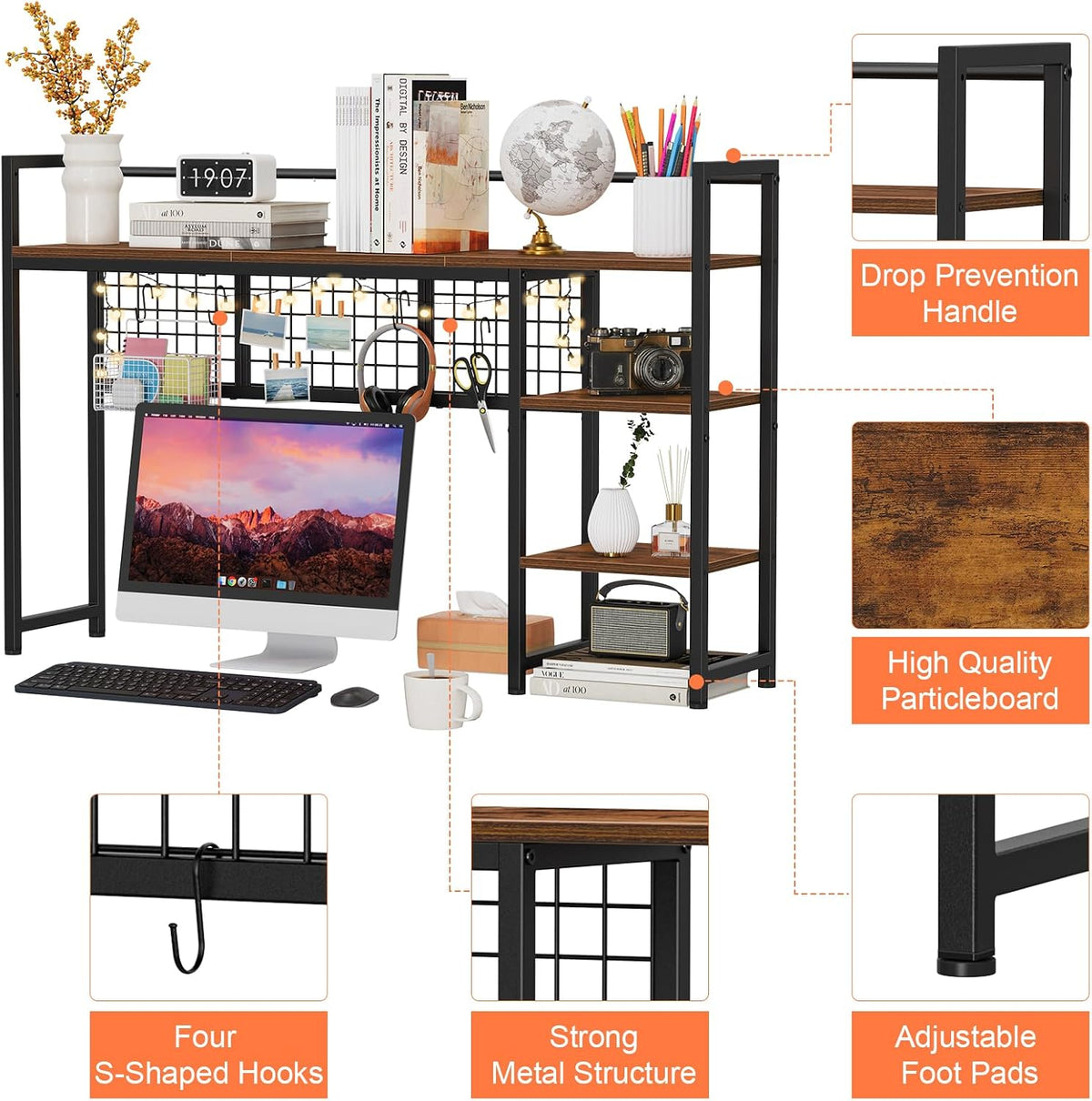 Snughome Desk Shelf, 44.9" Desktop Organizer Shelf, Desk Hutch for Computer Monitor, 4 Tier Desk Display Rack with