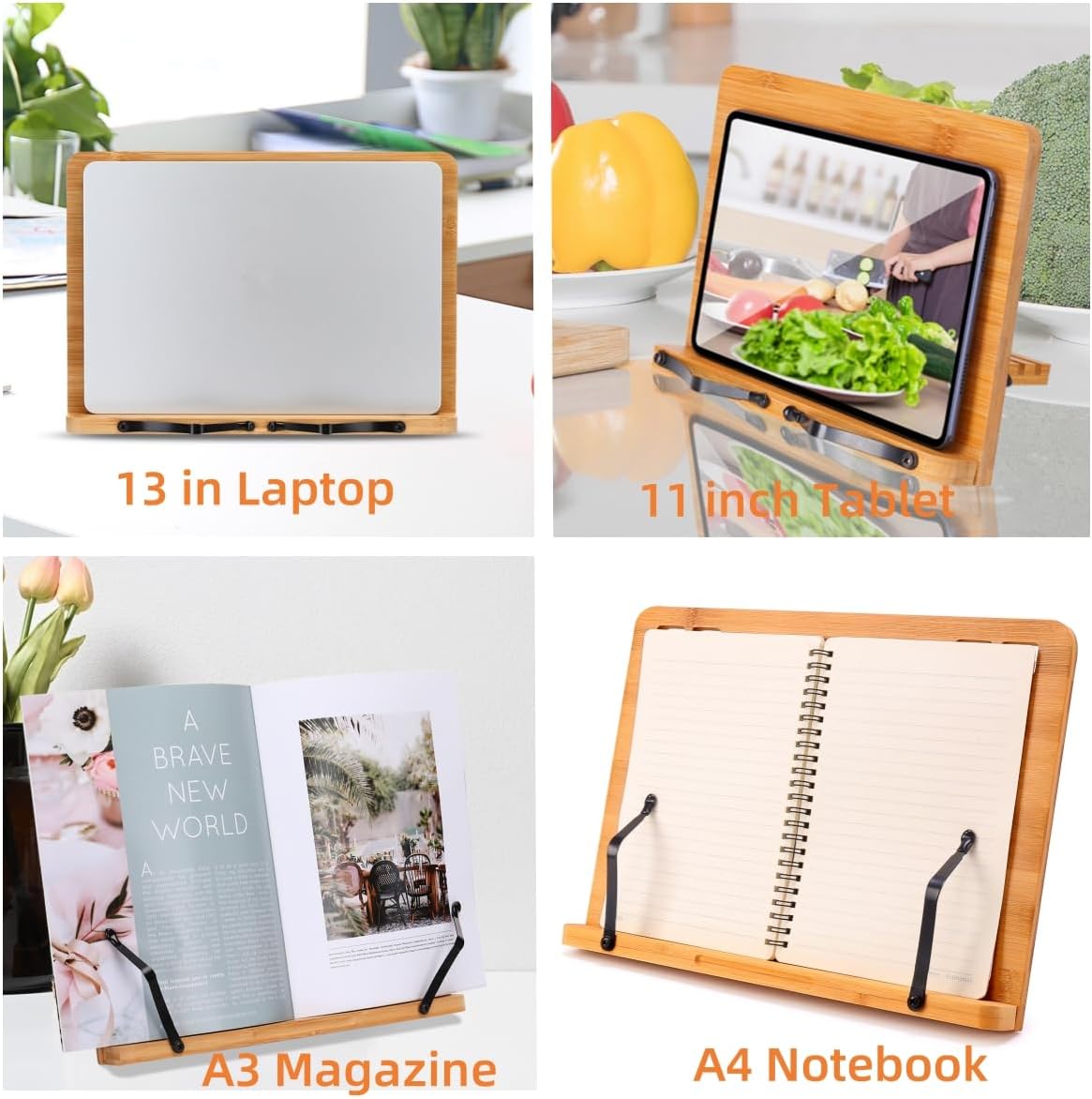 MEGREZ Foldable Bamboo Book Stand Adjustable Cookbook Reading Holder | anti-slip, lightweight, foldable flat storage