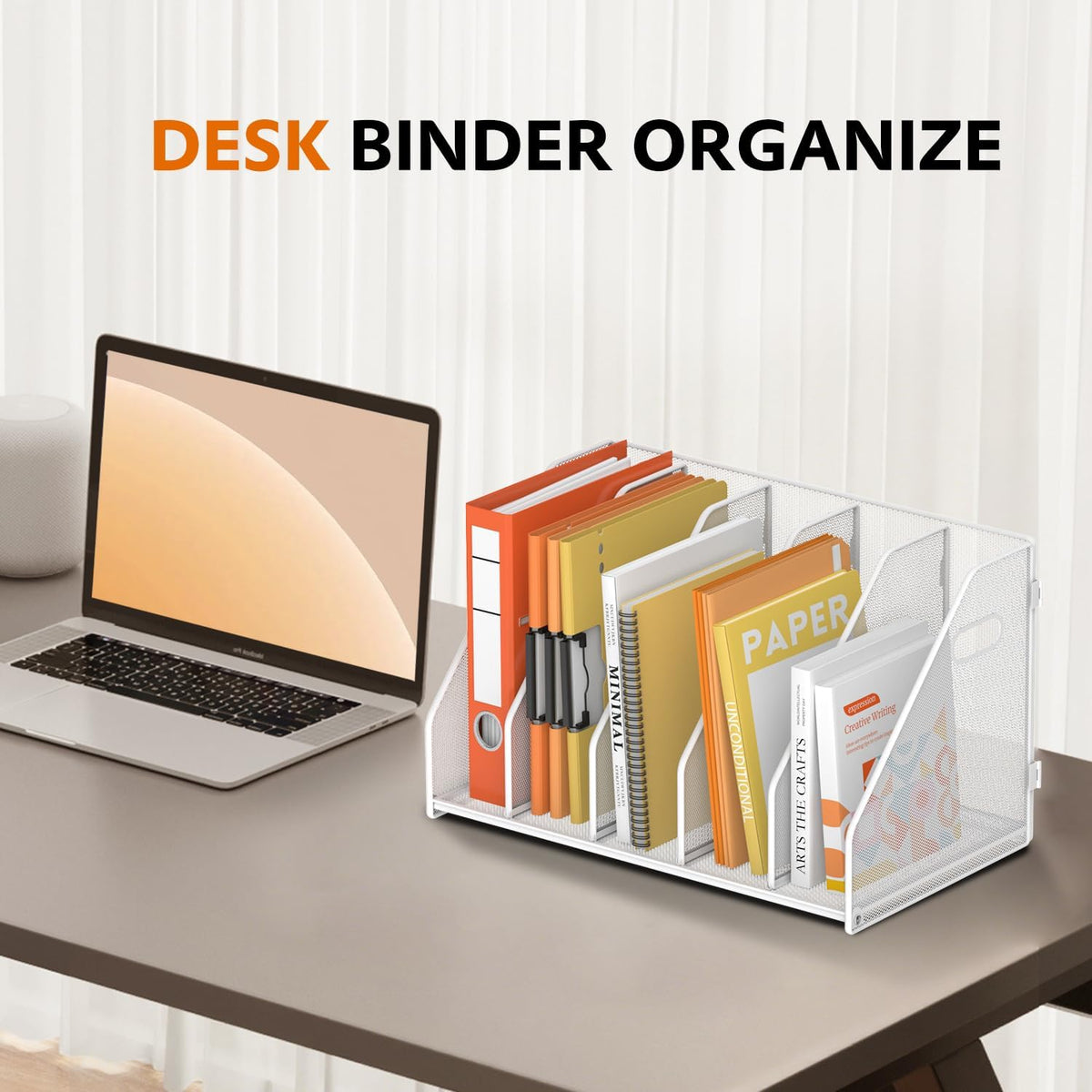 Binder Organizer, Magazine File Holder with 5 Vertical Rack, White | Metal Desk File Organizer & Binder Holders