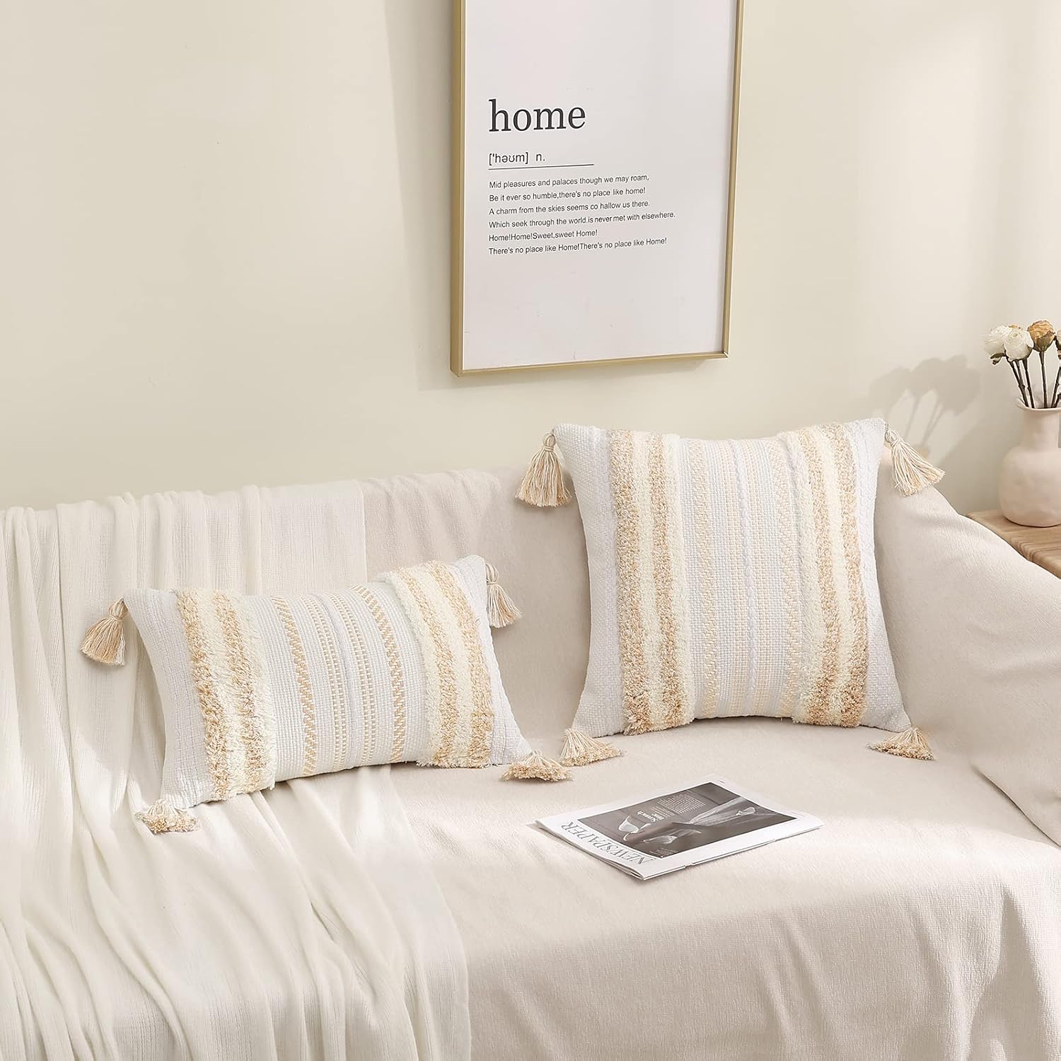 Summer Decorative Boho Throw Pillow Covers / 18 x 18 / Khaki and Cream White / Set of 2