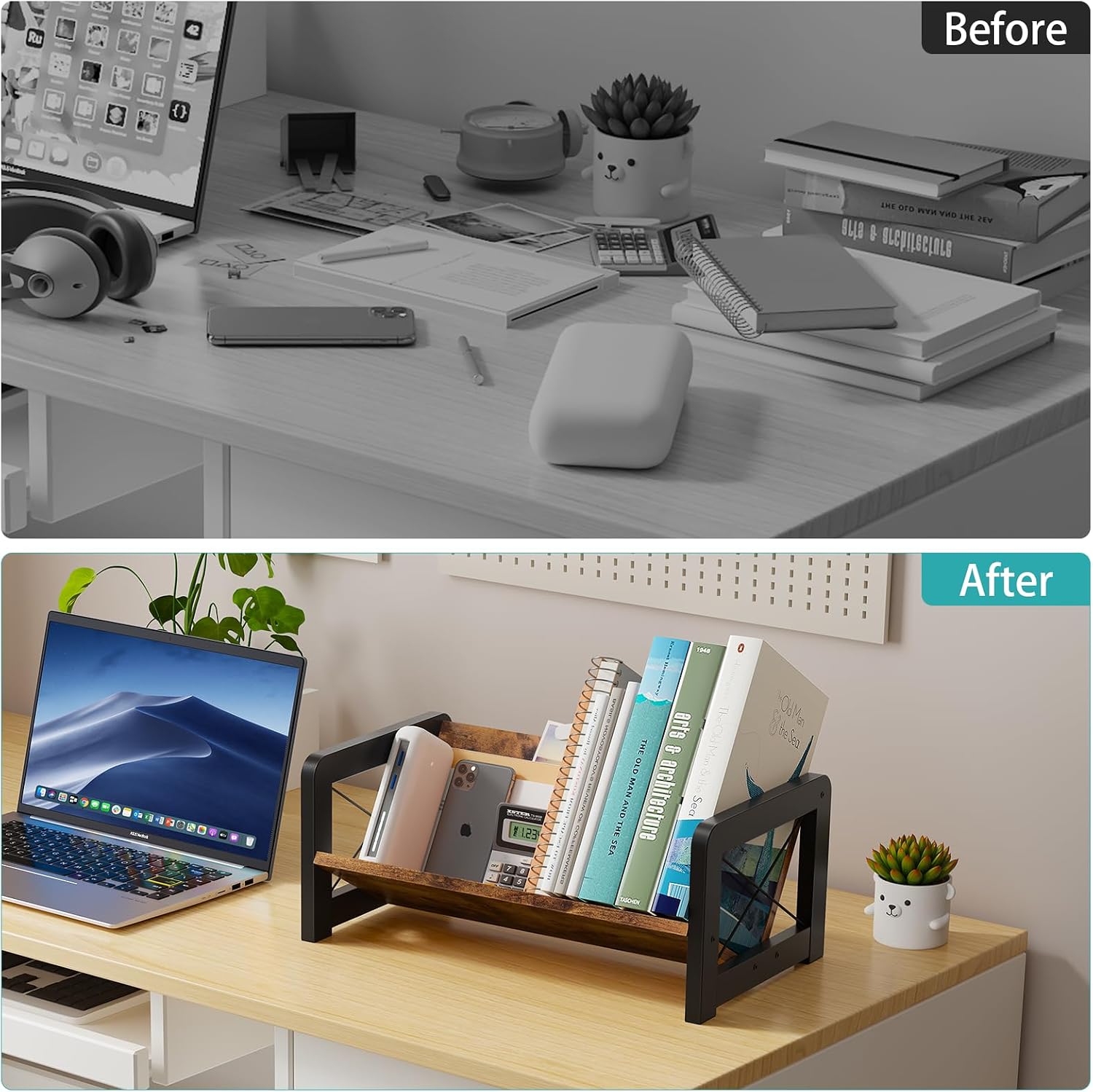 ELITEROO Desktop Bookshelf Organizer, Wood Slanted Desk Bookshelf, Small Tabletop Book Rack, Portable Mini Bookcase for