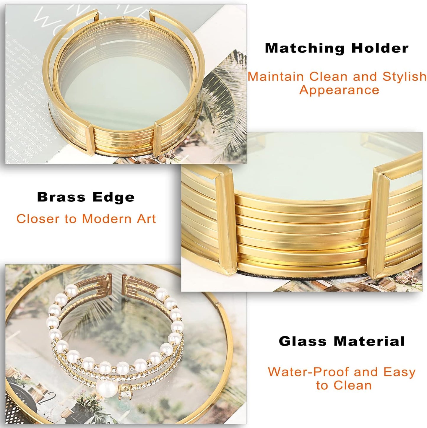 Holder / Golden Brass Coasters for Drinks Glass Cup Coaster Set Modern Coaster / Round / Set of 8