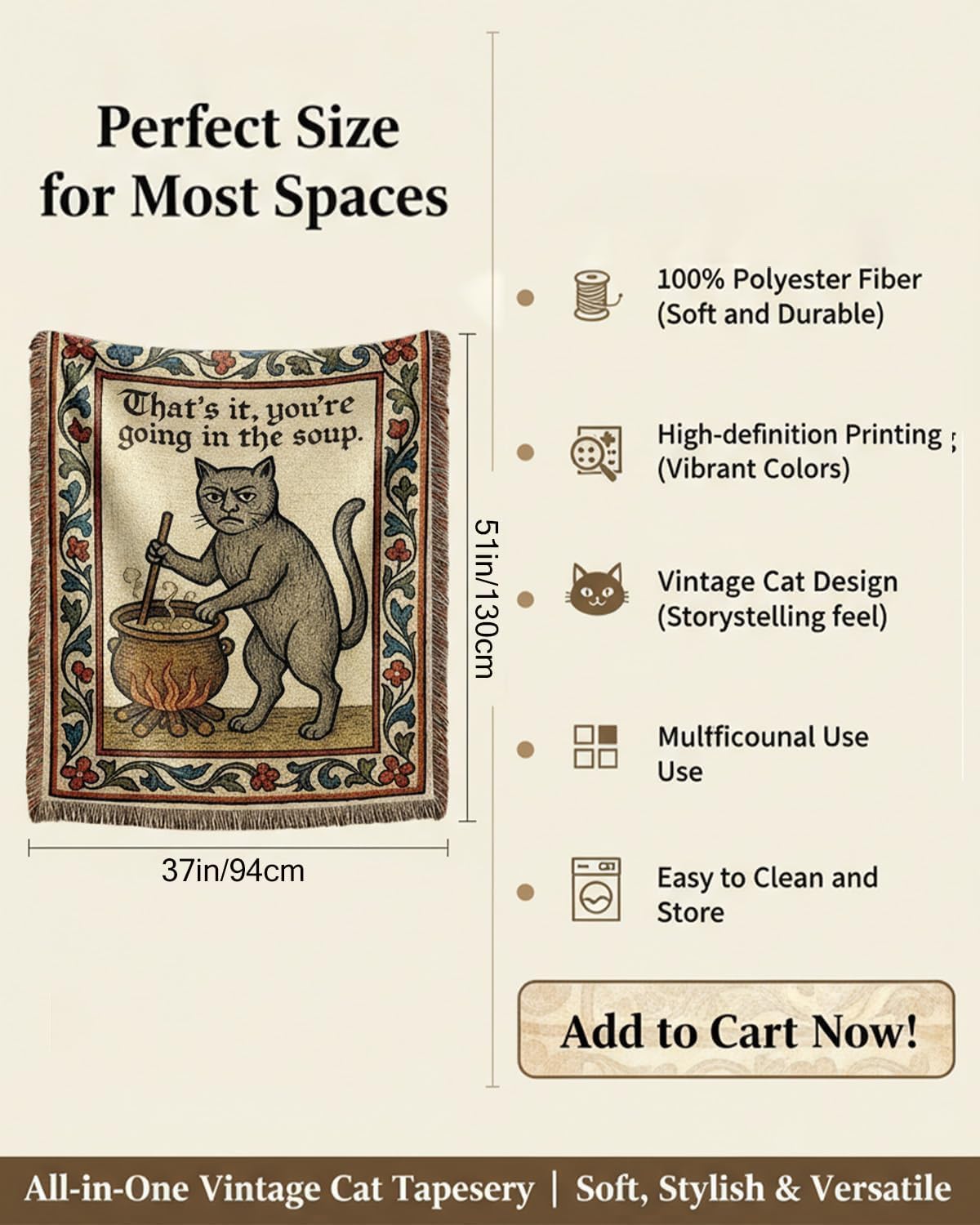 Weird Medieval Cat Woven Tapestry / 1PC