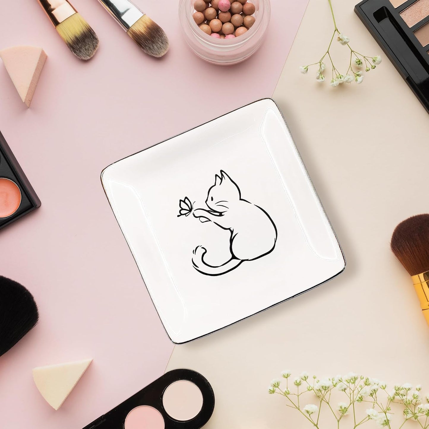 Ceramic Jewelry Tray for Rings & / Cat Butterfly / Black