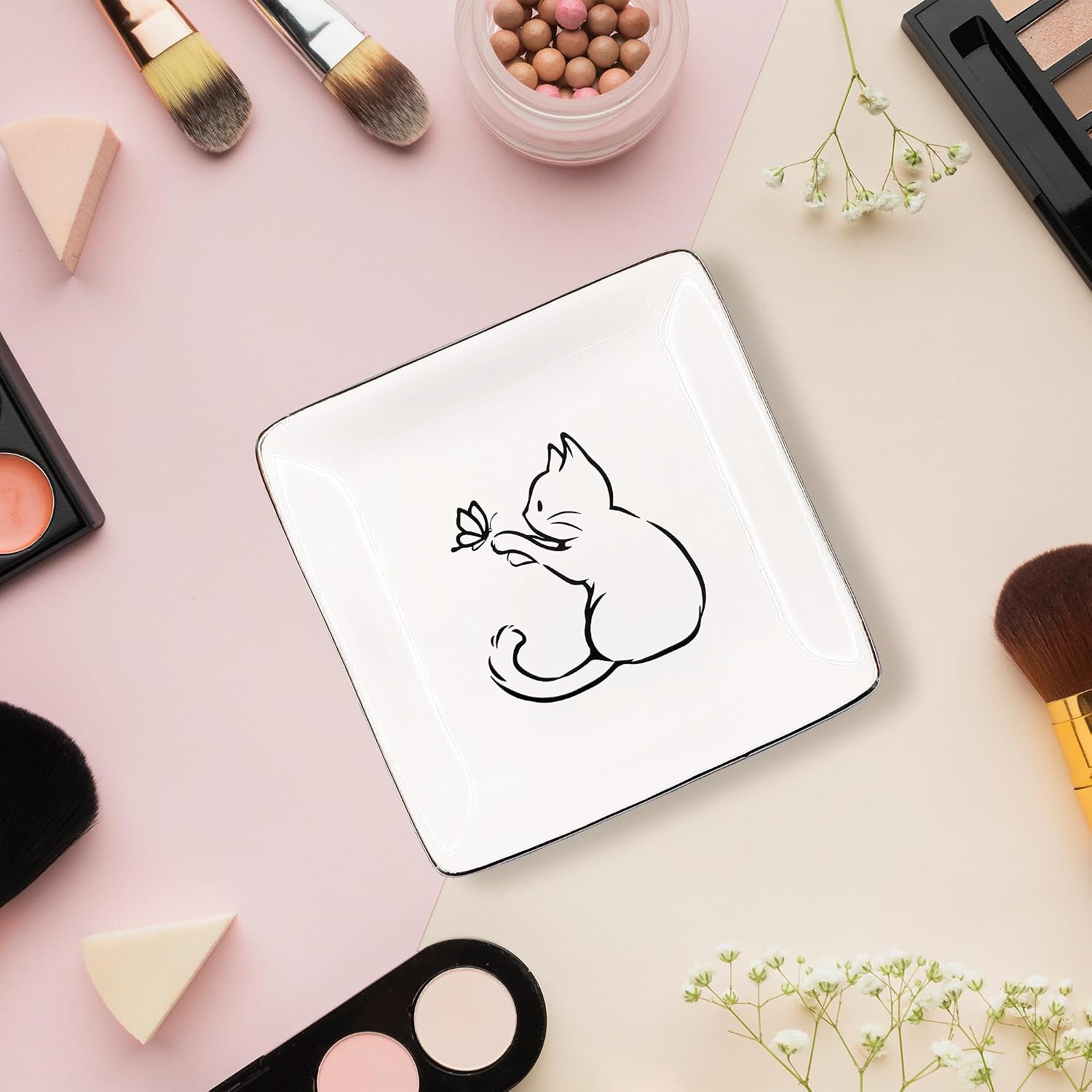 Ceramic Jewelry Tray for Rings & / Cat Butterfly / Black