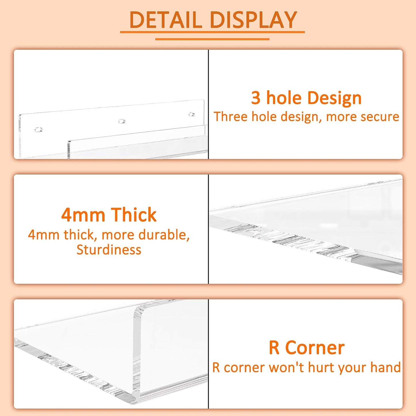 18'' Clear Acrylic Bookshelf 2 Pack, Acrylic Floating Book Shelves, Wall Mounting Invisible Ledge Book Shelf