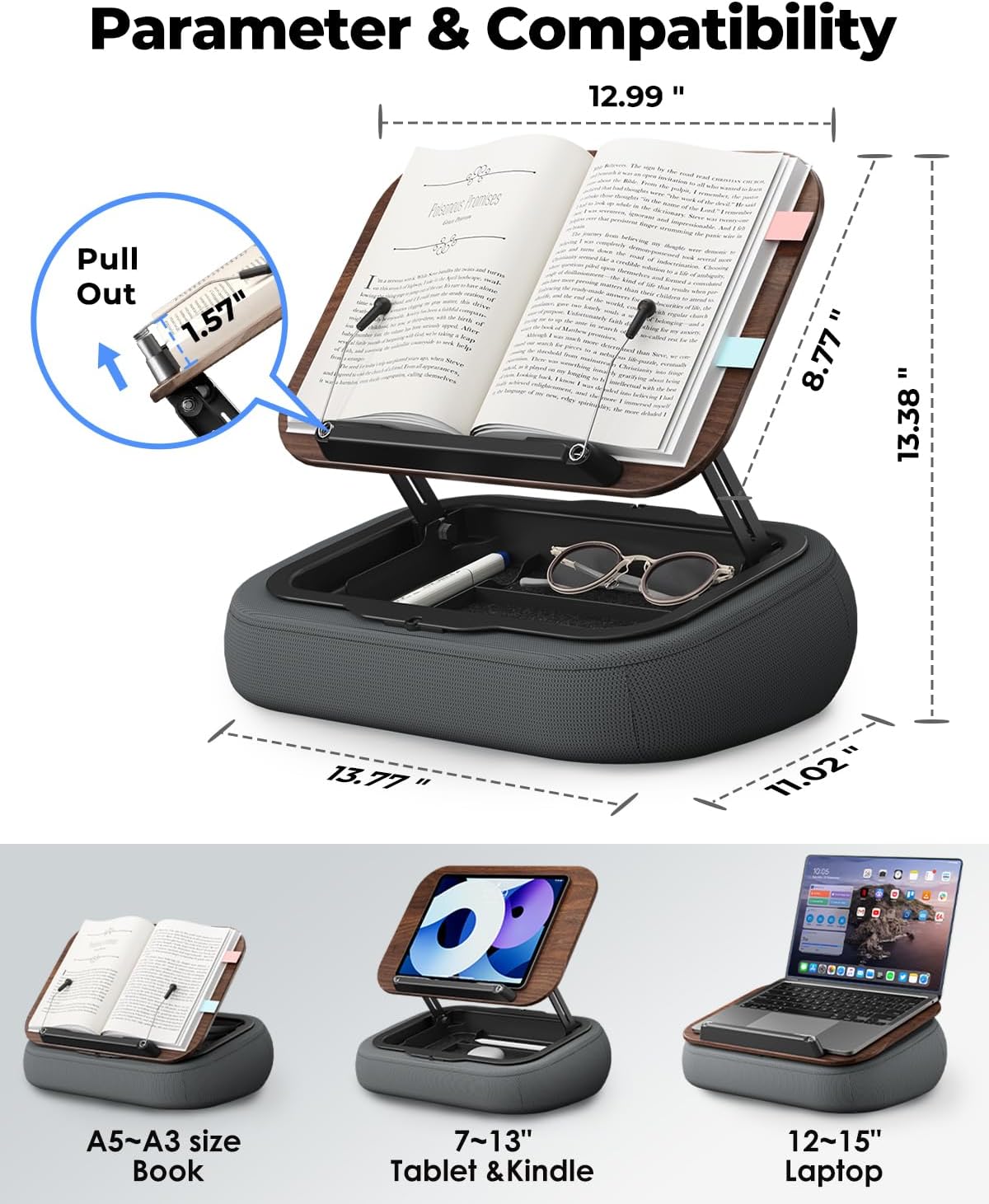 Viozon Lap Book Pillow Stand with Storage, Adjustable Beanbag Reading Pillow with Dark Wood Panel, Multi-Angle Book