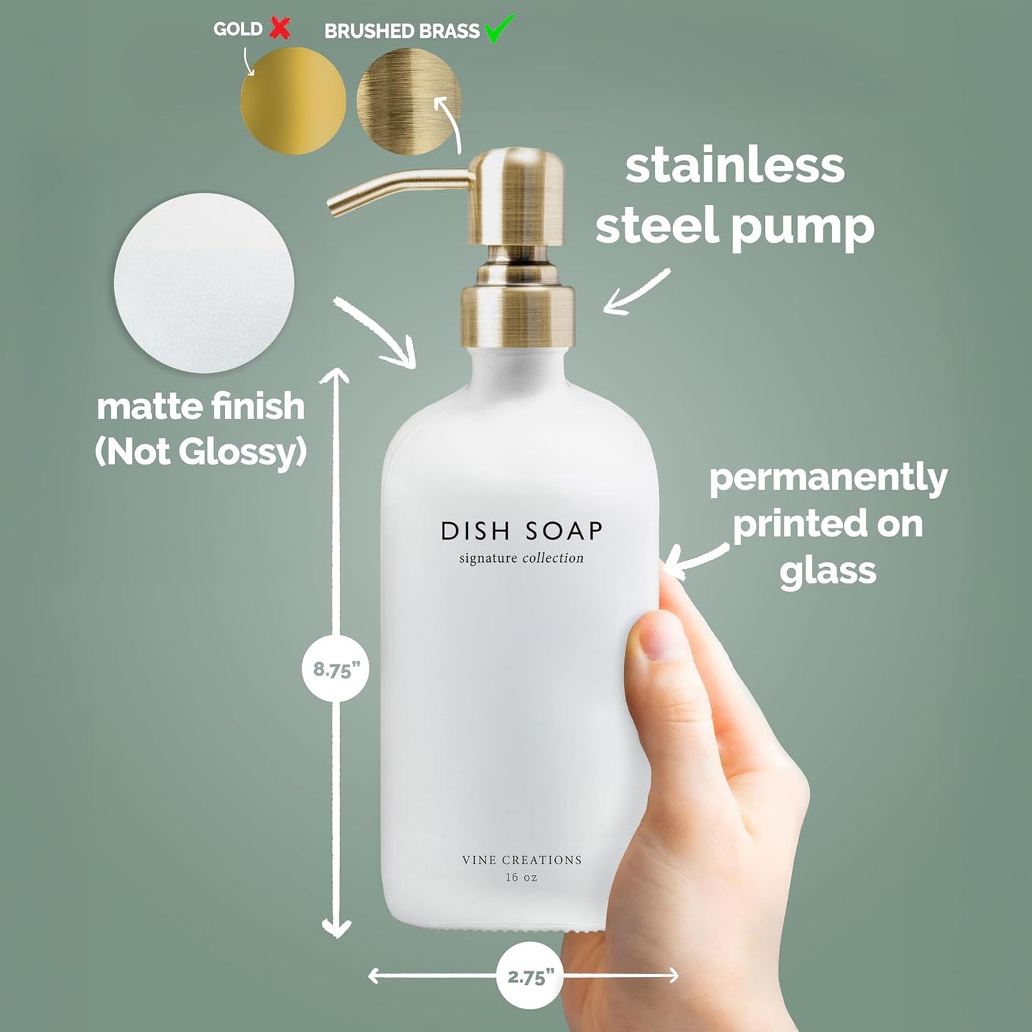 Vine Creations White Glass Soap Dispenser Set, Dish Soap and Hand Soap Dispenser Set with Stainless Steel Pump, 16 oz
