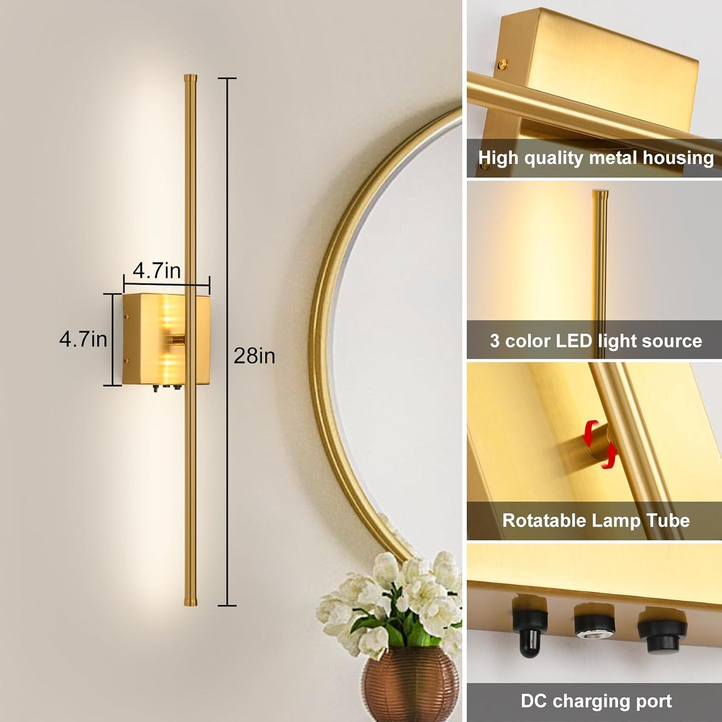 Rechargeable Battery Operated Wall Sconces, 11000mAh Wireless Brushed Gold Wall Lights with Remote Control, 350°Rotate
