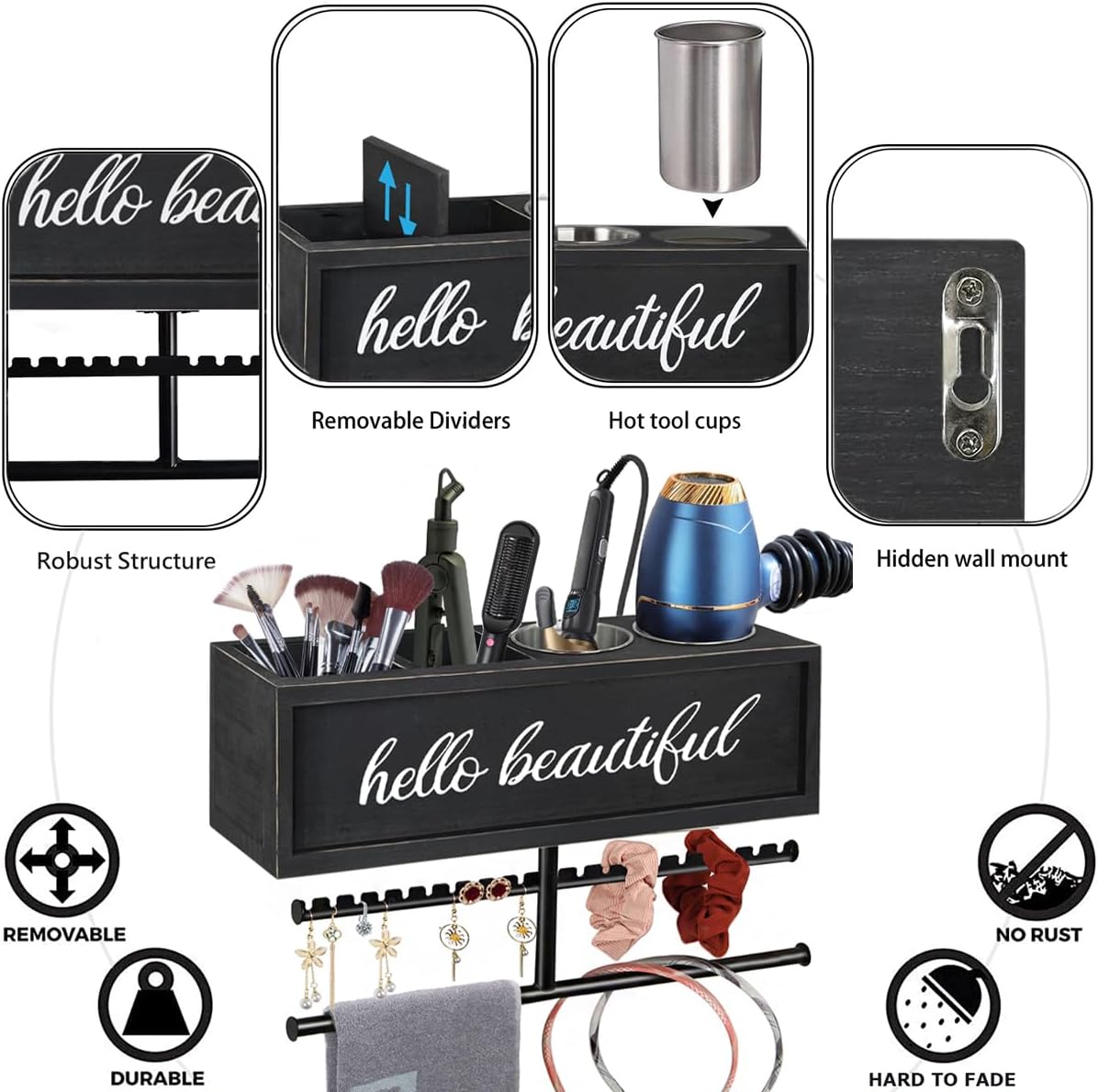 Rustic Hair Dryer Holder Wall Mounted,Hair Styling Tools & Accessories Organizer,Bathroom Supplies & hot Tools vanities