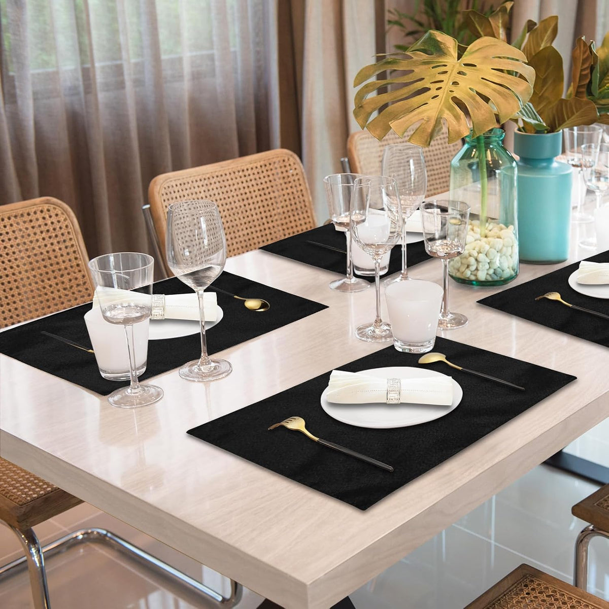 Cloth Placemats Set of 6, Cotton Linen Blend Place Mats, Black | Machine Washable, Double Layered, Heat Resistant