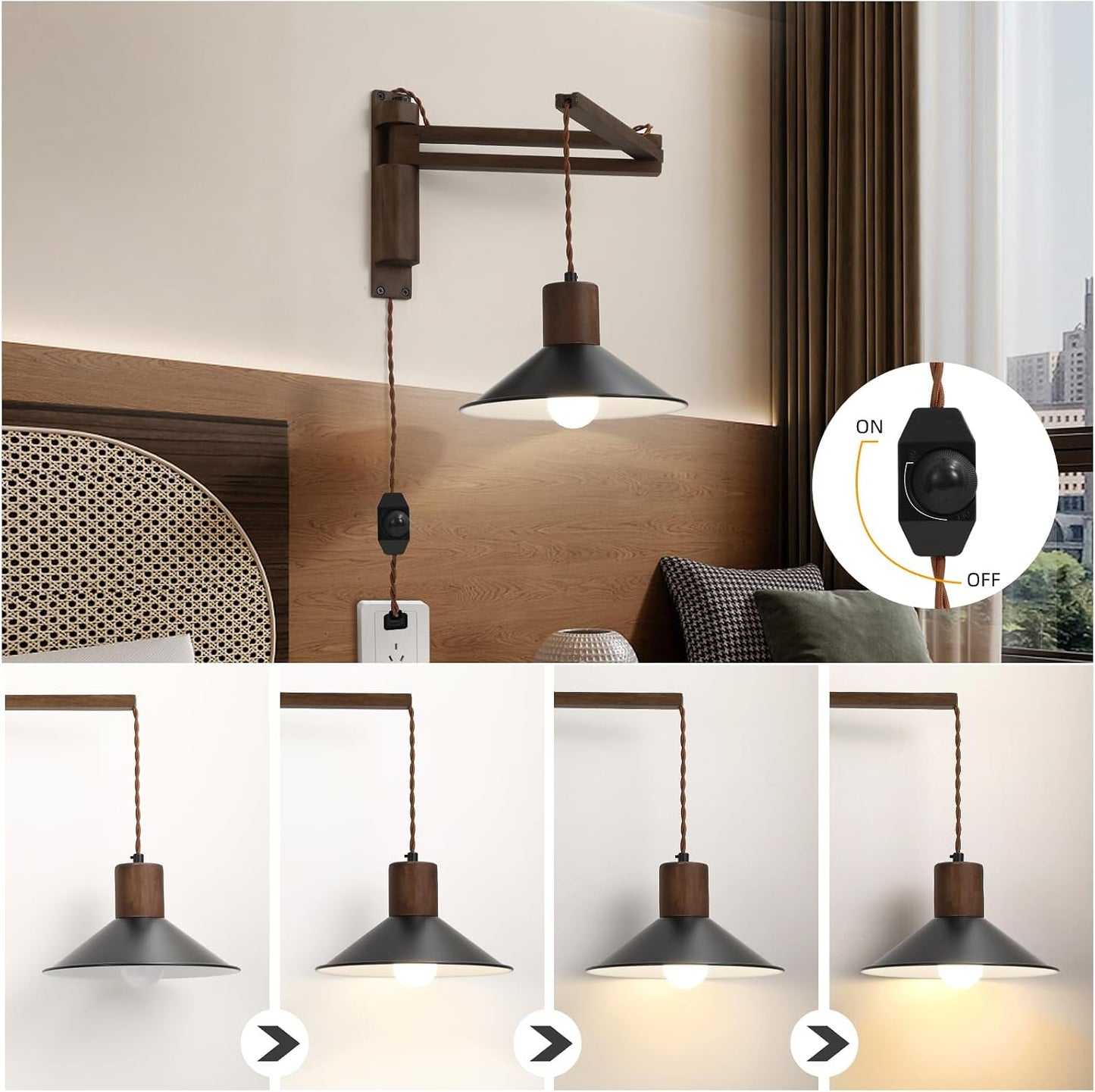 maesta Plug in Wall Lamp, Wood Swing Arm Wall Sconce for Bedroom | Swing Arm Wall Lamp, Natural Wood Finish with Corded