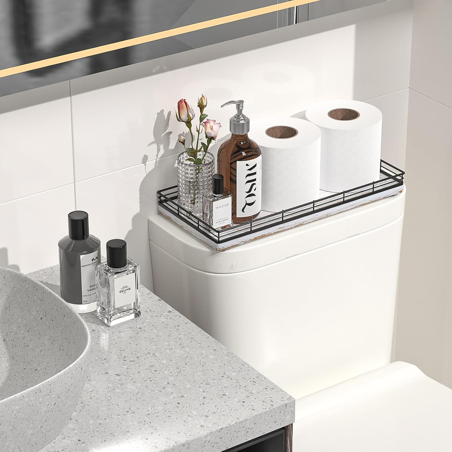 13" Wood Toilet Paper Storage Basket Tray Back of Toilet / Black & Farmhouse White / 13 x 6.5 x 1.5