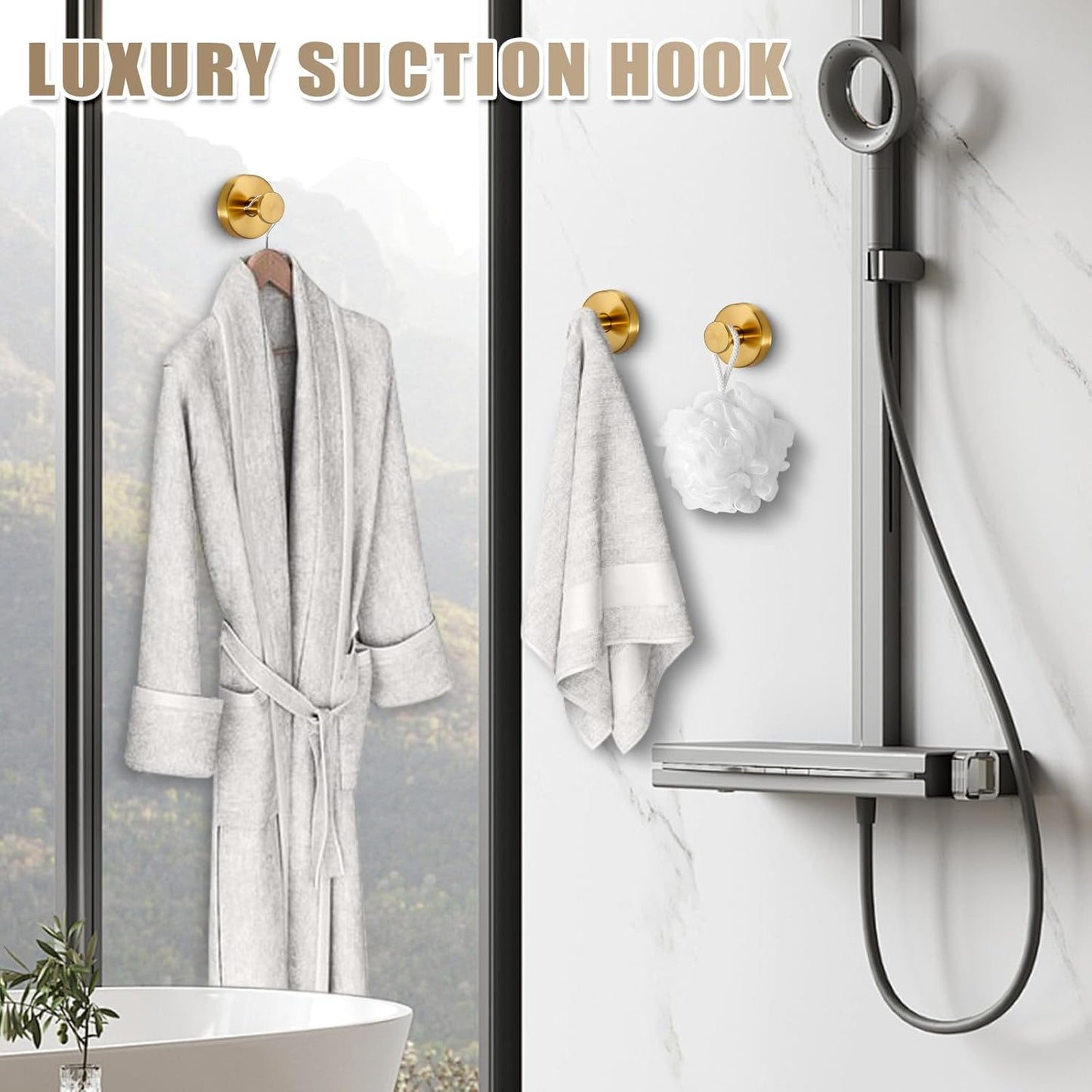Suction Cup Hooks for Shower No-Drill Bathroom Hooks for Towels / Brushed Gold / Set of 2