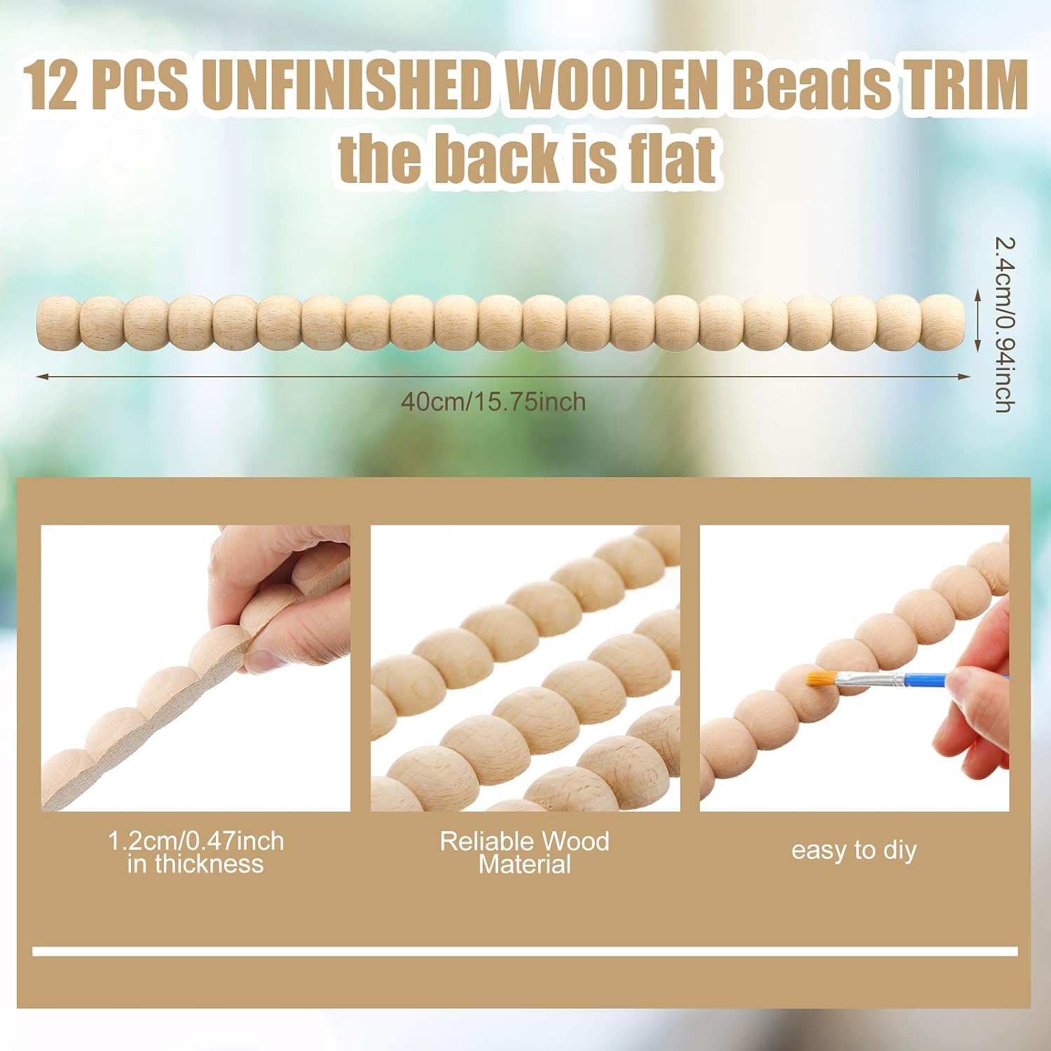 Decorative Beaded Wood Trim Molding Half Wooden Beads Bobbin Trims / 24 Mm / 15.75 Inch / Set of 12