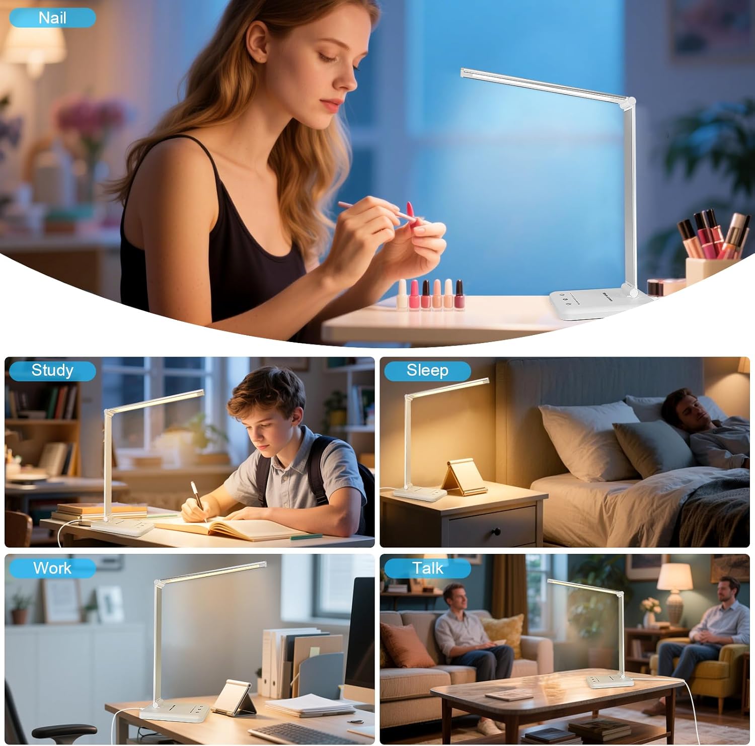 White crown LED Desk Lamp Dimmable Table Lamp Reading Lamp with USB Charging Port, 5 Lighting Modes, Sensitive Control