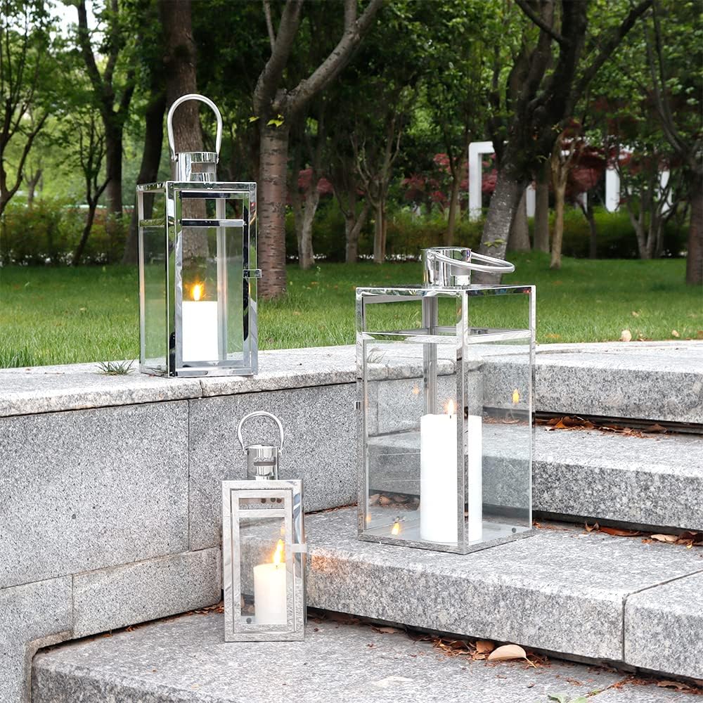 TRIROCKS Stainless Steel Lantern Set of 3, 19/15/12" Tall Metal Hanging Lanterns with Tempered Glass Panels, Indoor &