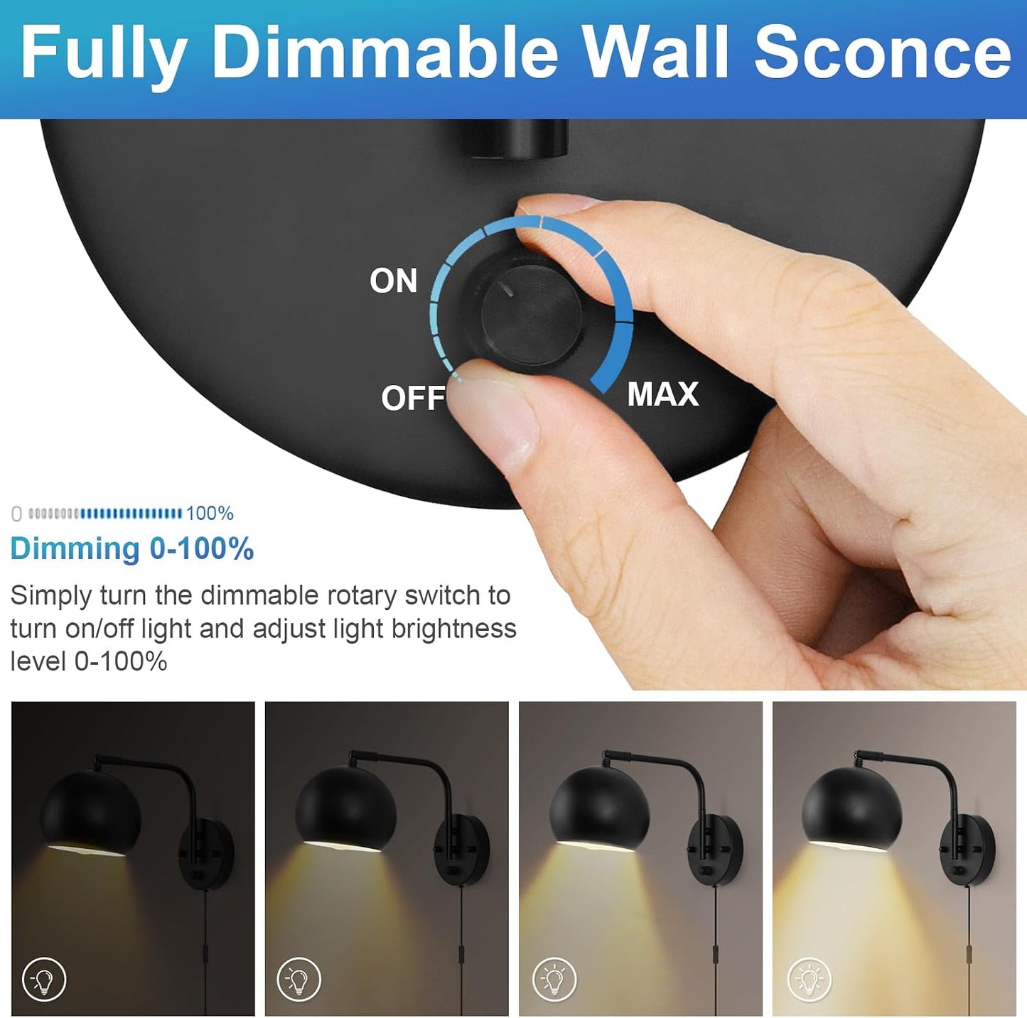 VATONI Dimmable Wall Sconces Set of 2, Plug in Wall Sconces Swing Arm Wall Lights with Plug in Cord and Dimmer On/Off