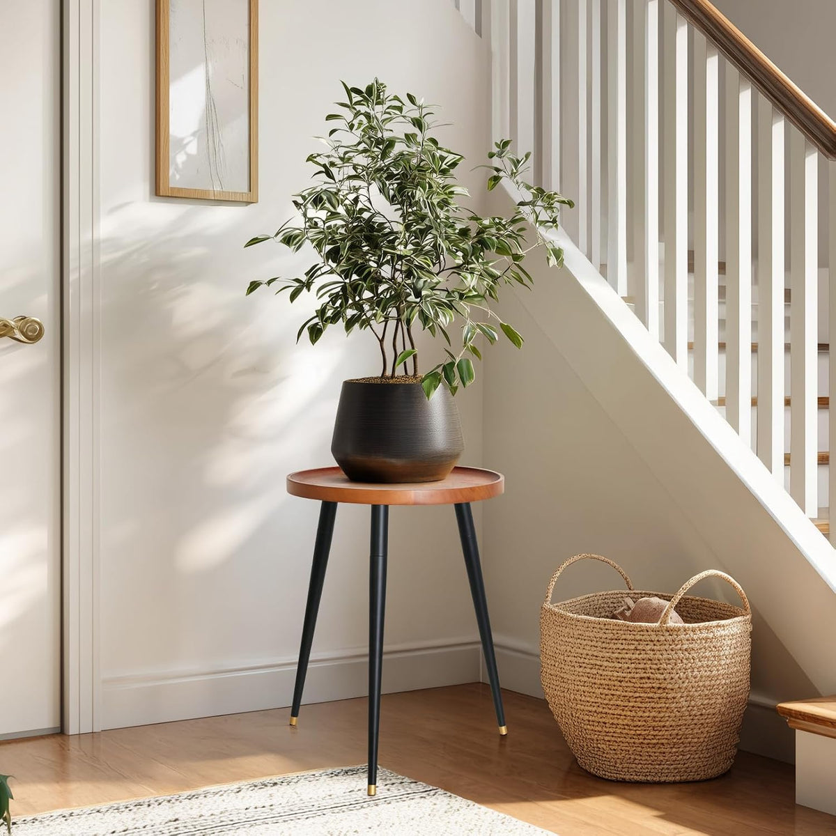 KINNARY Plant Stand Indoor, Mid Century Wood Plant Table Plant Holder with Raised Design,Heavy Duty Metal Tall Flower