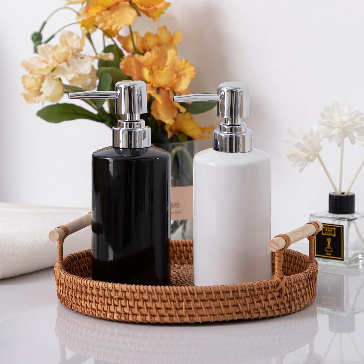 FE Soap Dispenser, 300ml/10oz Ceramic Liquid Soap Pump Dispenser, Refillable Dish Soap Dispenser for Kitchen Bathroom