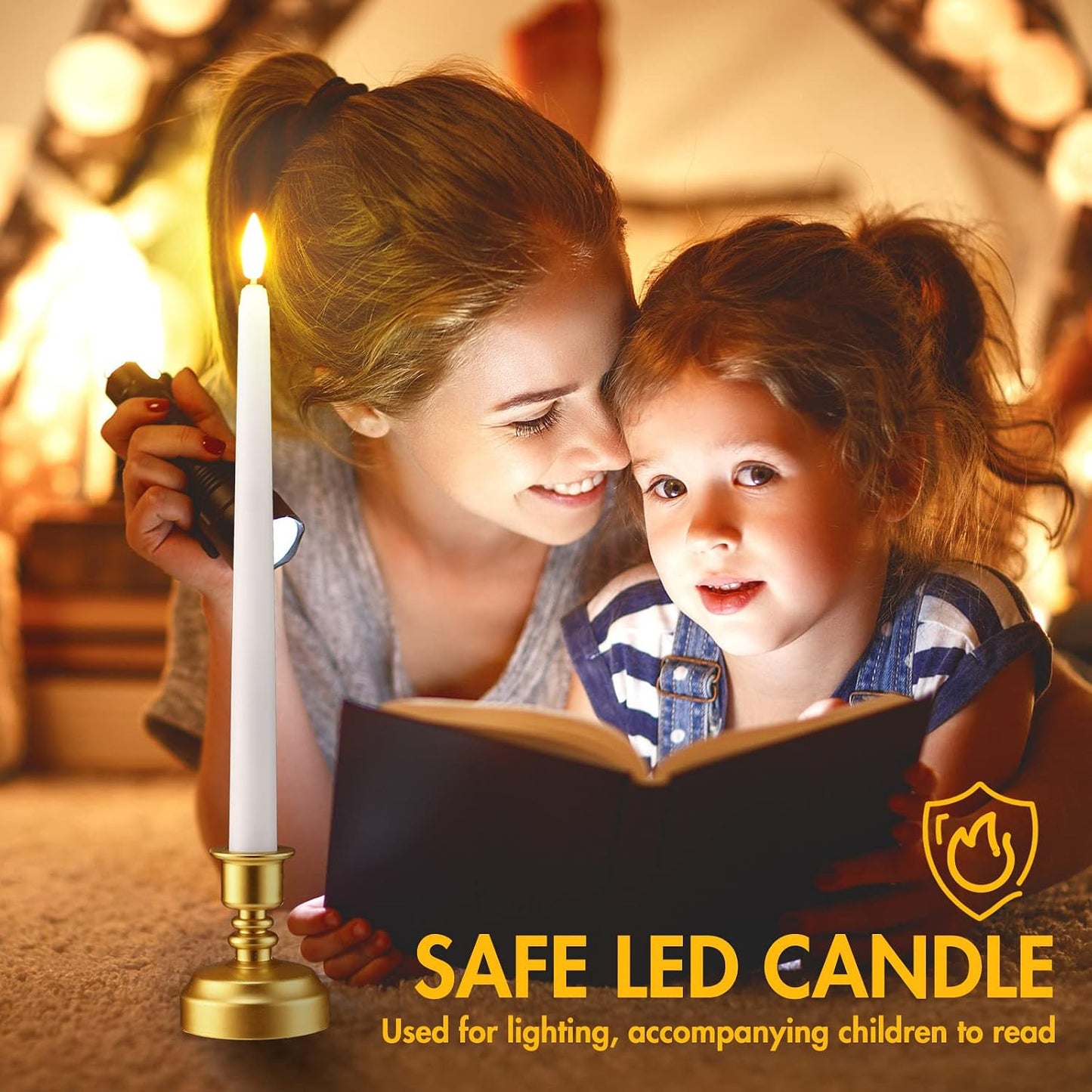 Fumete 24 Pack Flameless Taper Candles with Remote Timer, 3D Flame,White | Realistic Flickering Effect, Golden Base