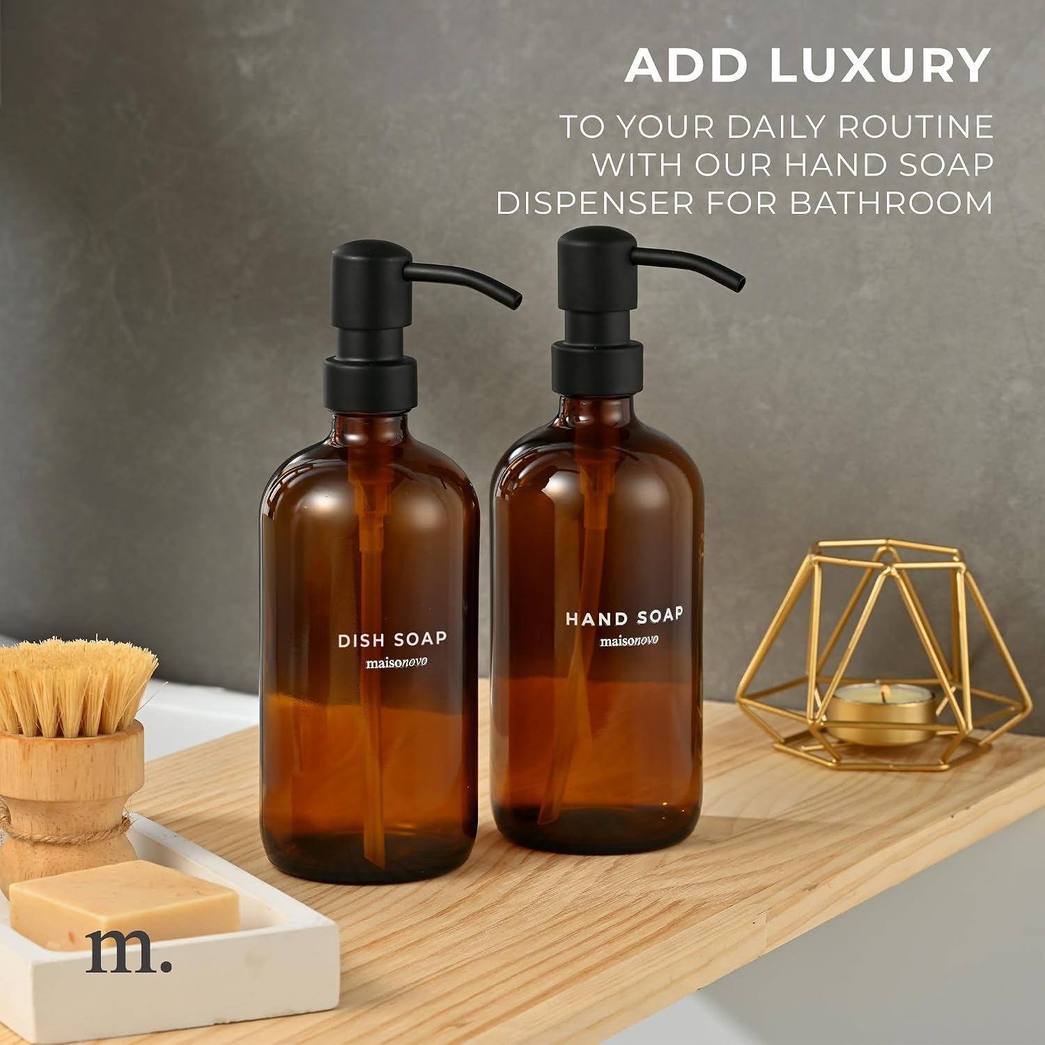 MaisoNovo Soap Dispenser 2-Piece Set | 16.9oz Amber Bottles with Black Plastic Pumps