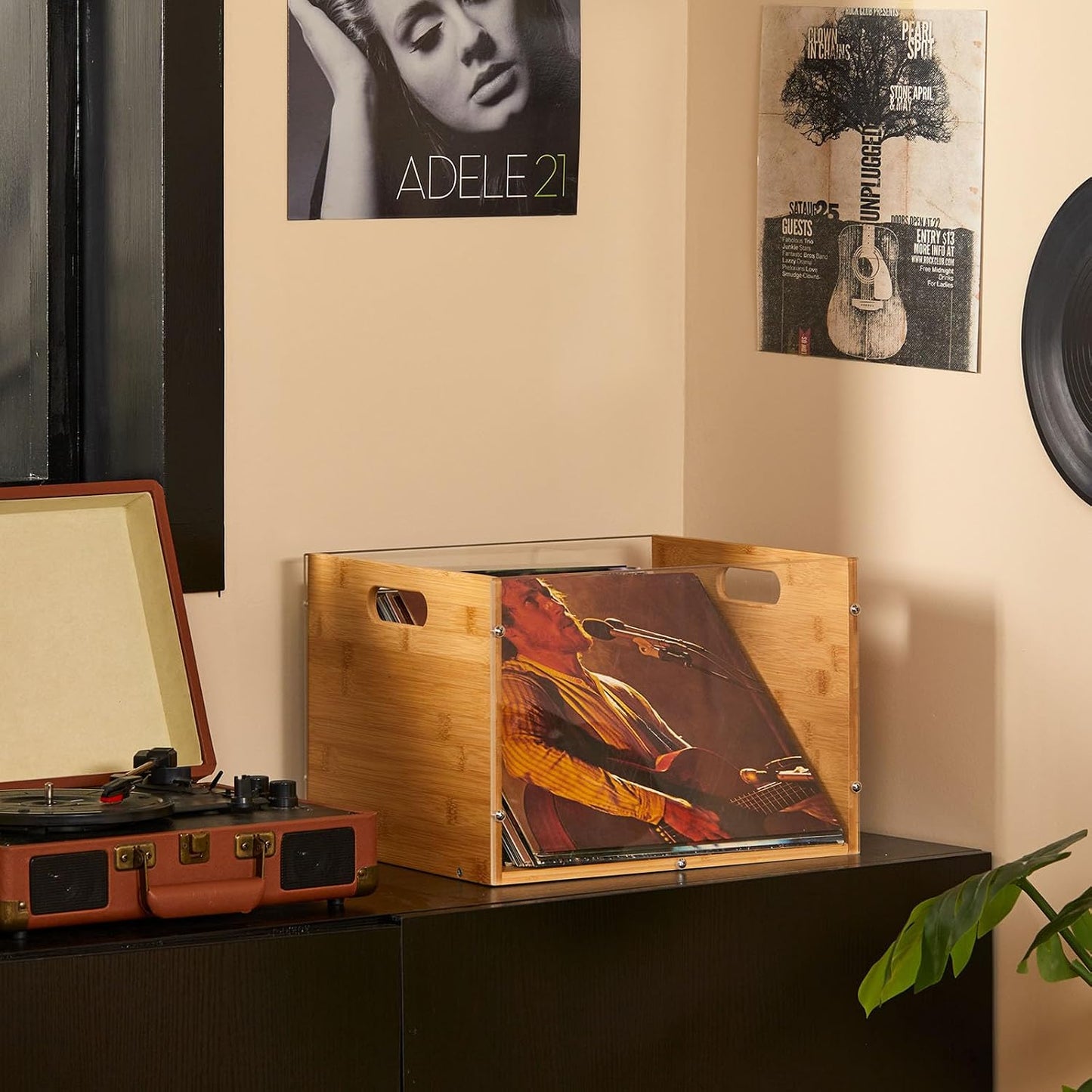 X-cosrack Vinyl Record Storage Crate, Visible Vinyl Record Holder | Acrylic & Bamboo Record Crates with Handle for LP