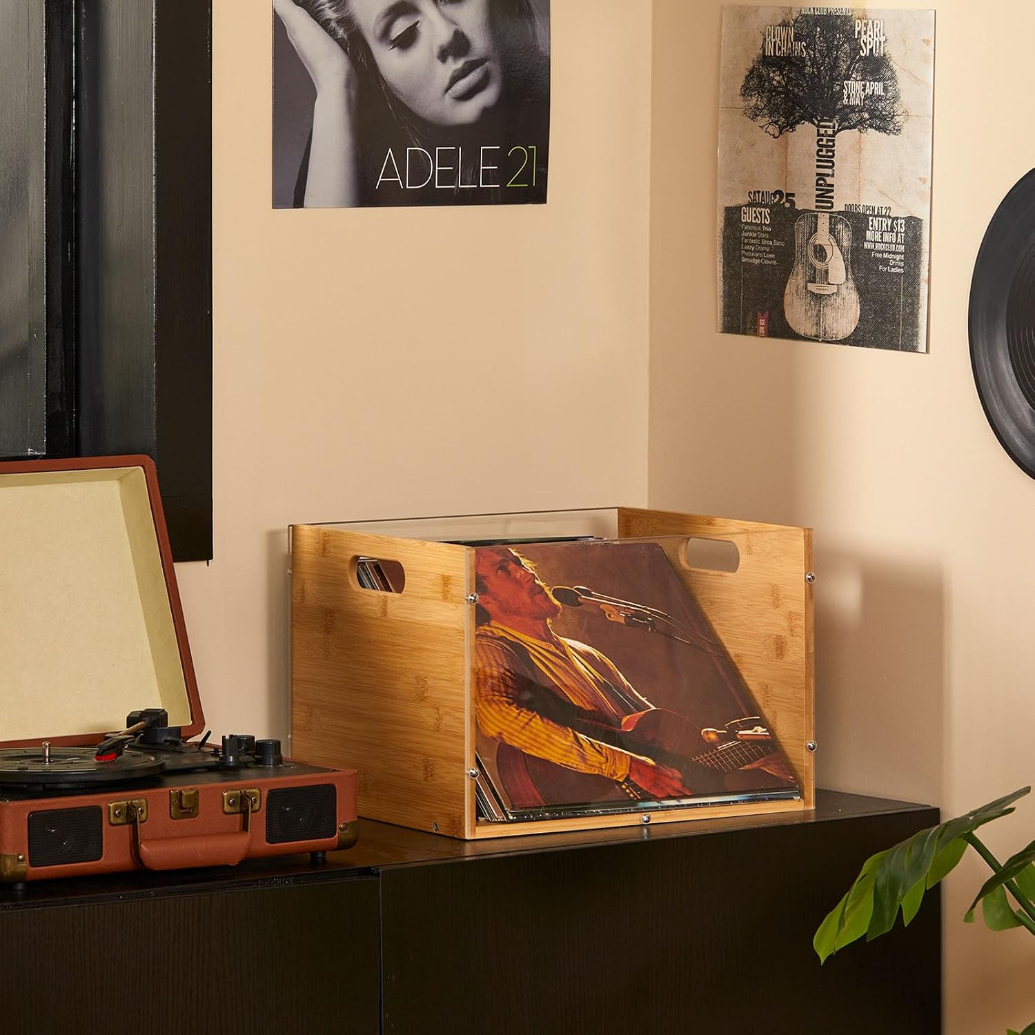 X-cosrack Vinyl Record Storage Crate, Visible Vinyl Record Holder | Acrylic & Bamboo Record Crates with Handle for LP