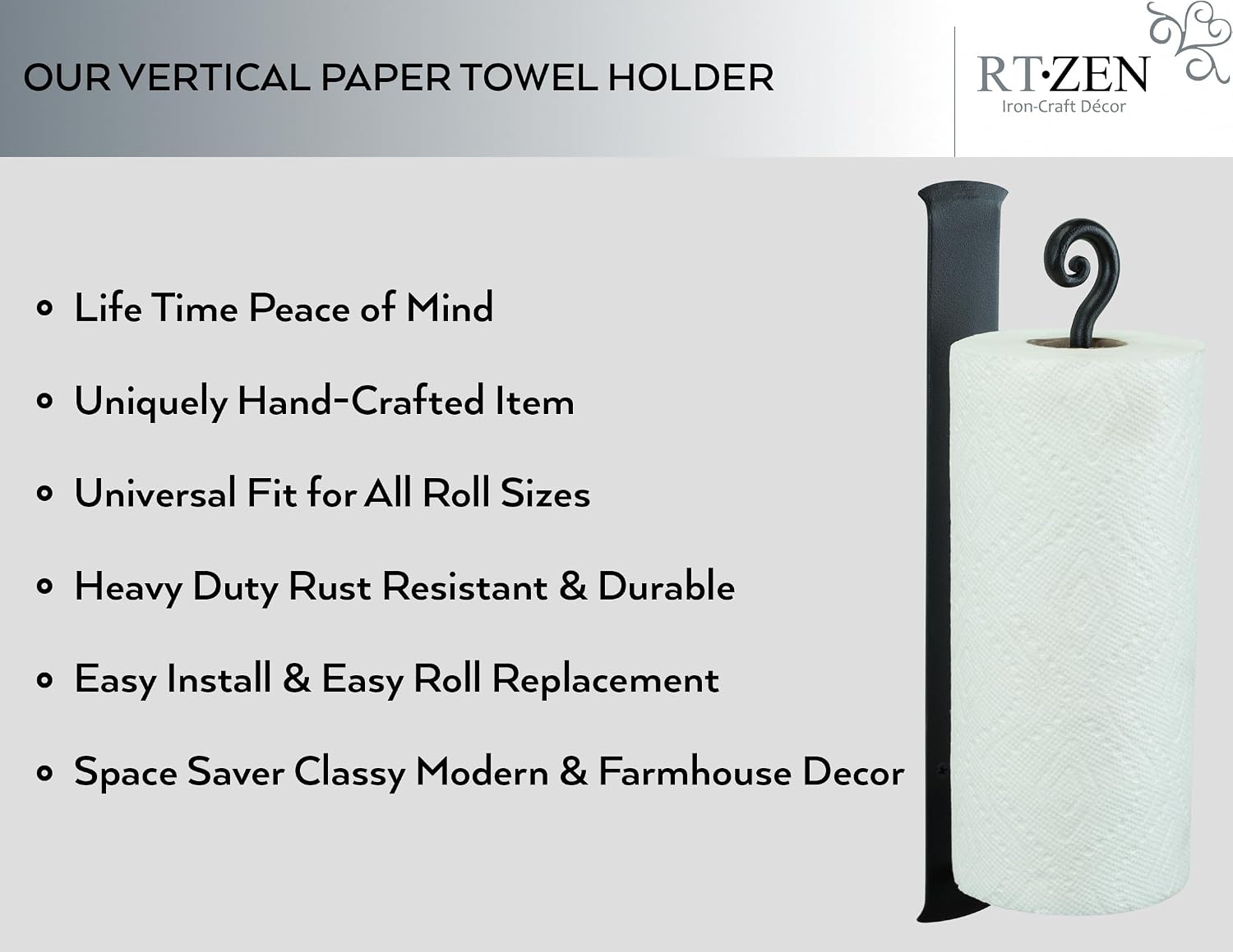 Vertical Black Paper Towel Holder, Stylish Home Accent Countertop | Handcrafted, Rustic Metal, Decorative Wrought Iron