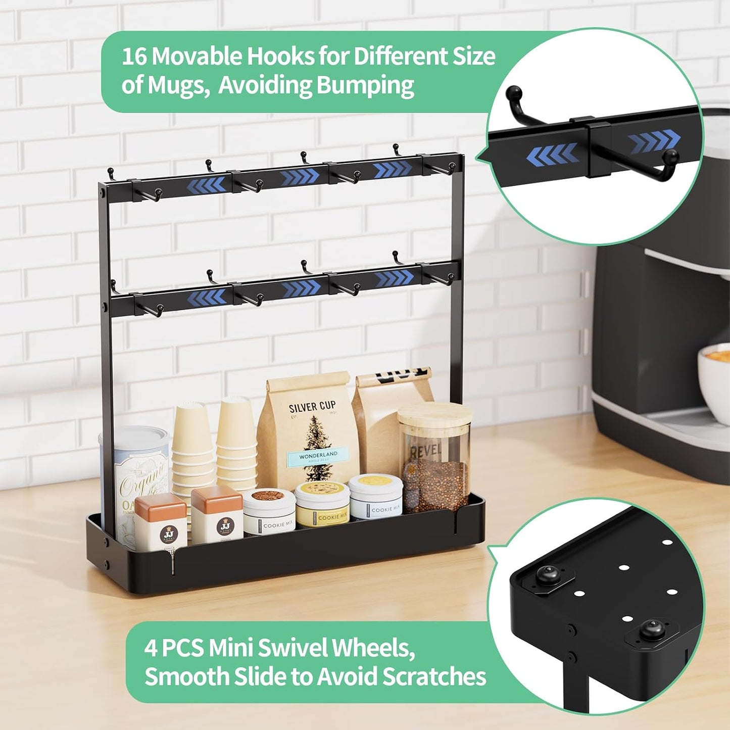 Coffee Mug Holder, 2 Tier Metal Mug Rack with 16 Movable Hooks | Extra Cup Holder for Countertop, Organize Coffee Mugs