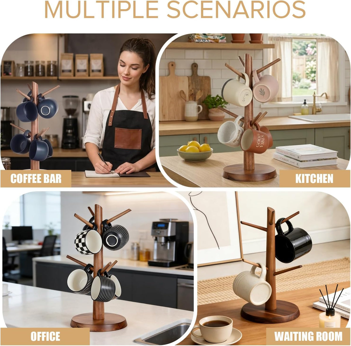 Coffee Mug Tree 6-Hook,Acacia Wood Mug Holder Countertop | Mugs Stand for Tea & Coffee Cups, Kitchen Countertop &