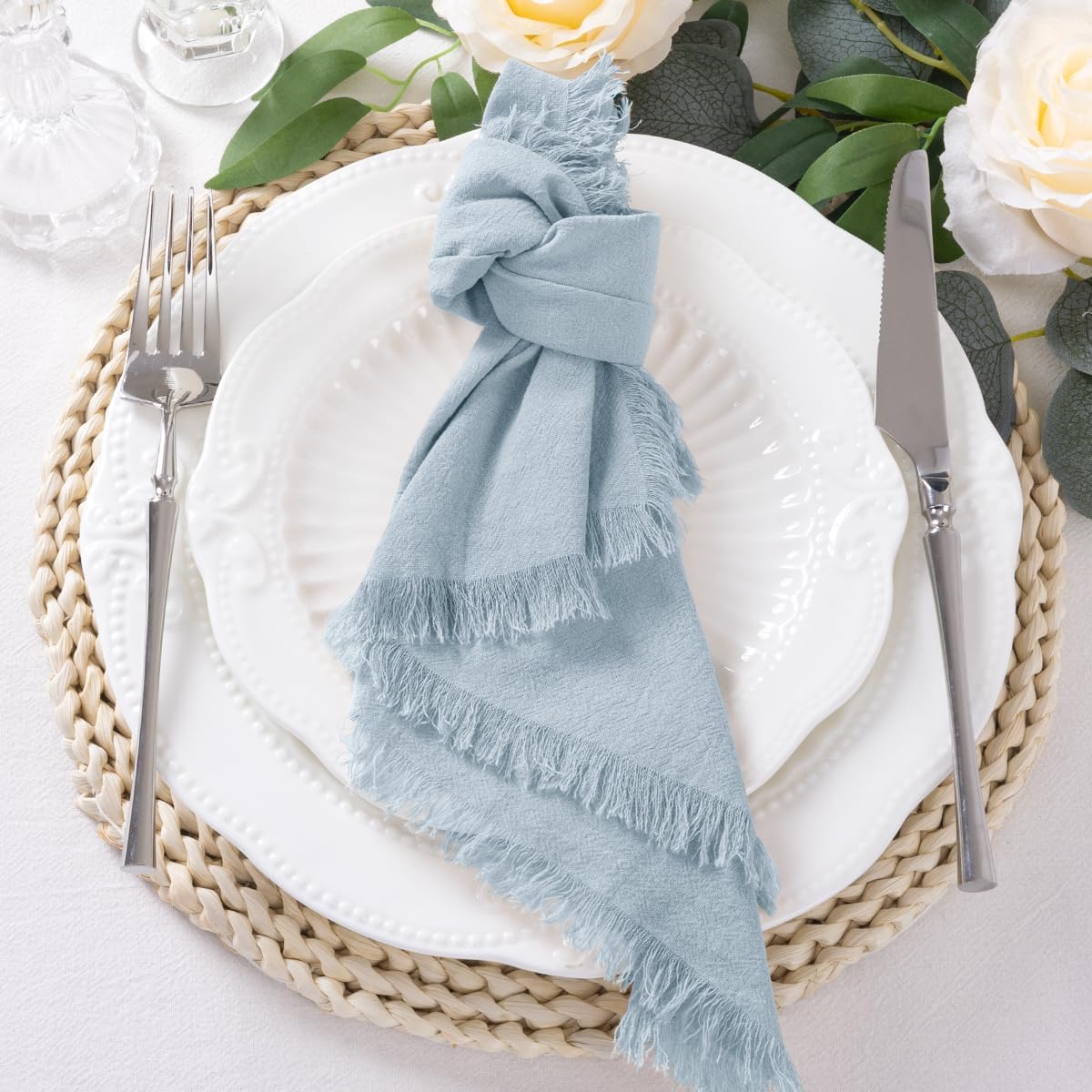 DeZerlor Grey Blue Summer Cotton Linen Washable Cloth Napkins Set of 12 | Reusable Boho Handmade Table Napkins Bulk