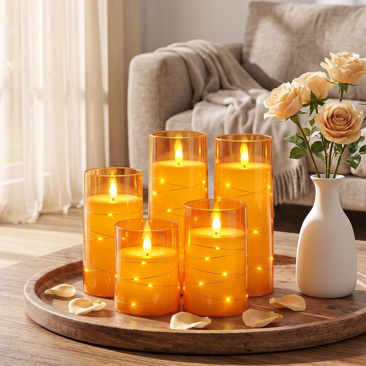 Homemory Halloween Flameless Candles, Orange LED Pillar Candles, Fall Decor | Acrylic Flickering Battery Operated