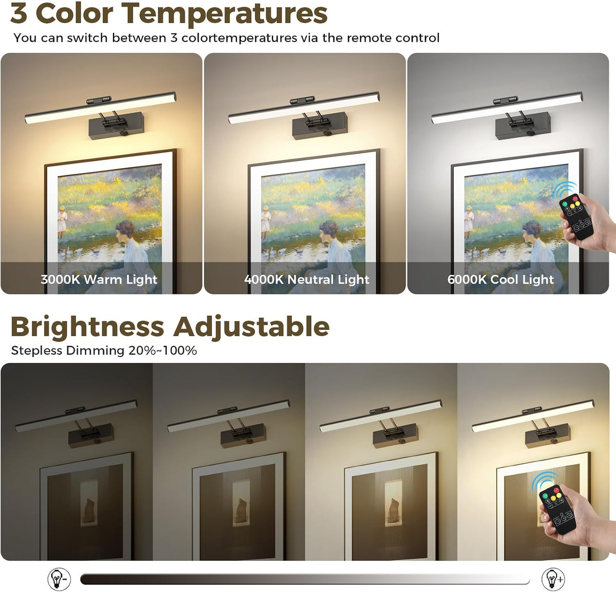 JUSHENG Battery Operated Picture Lights for Wall Brushed Grey 3CCT Dimmable Gallery Lights with Remote and Timer