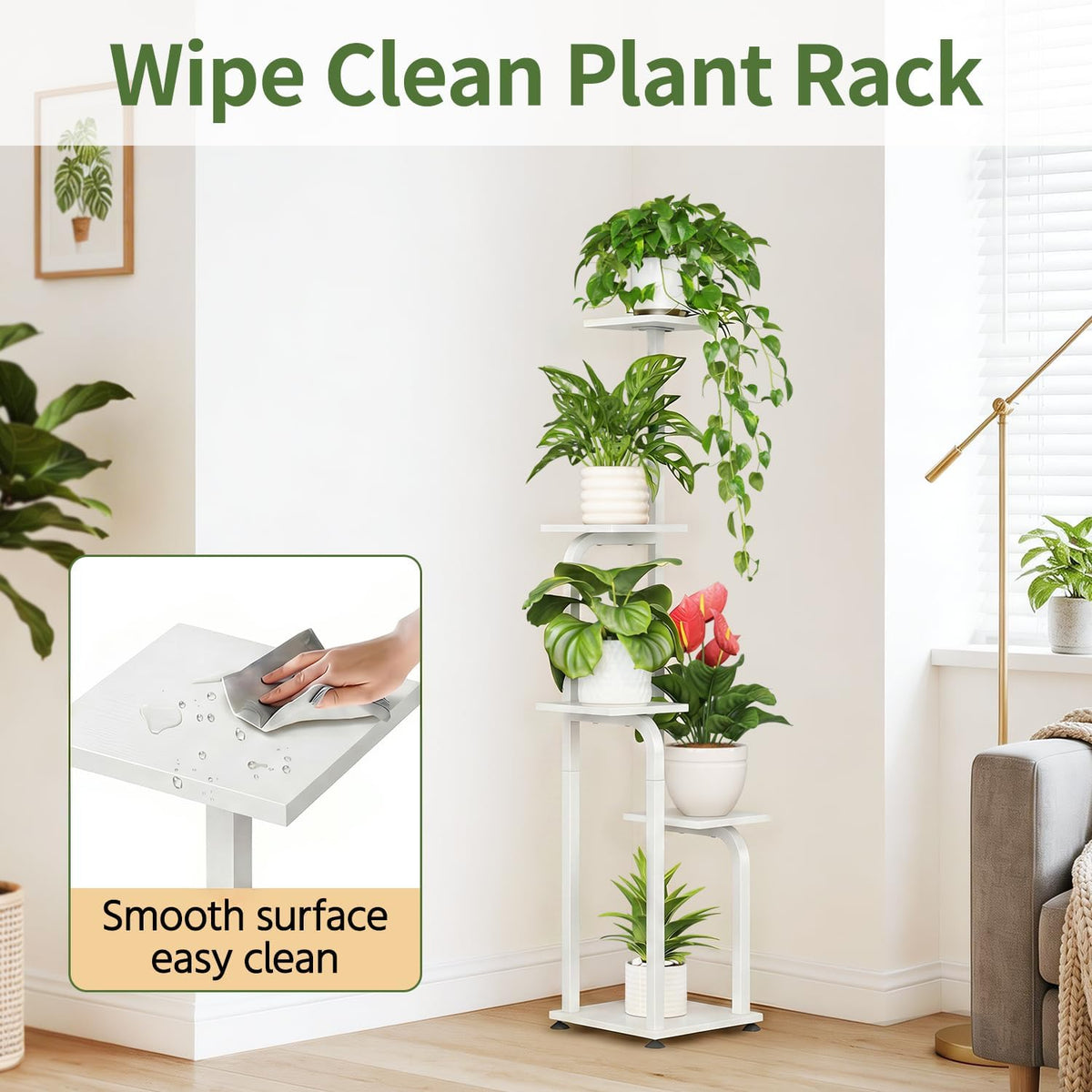 LASZOLA Plant Stand Shelf Tall for Indoor Corner Flower Rack, 5 Tier White | Modern Multiple Display with Wooden Tray
