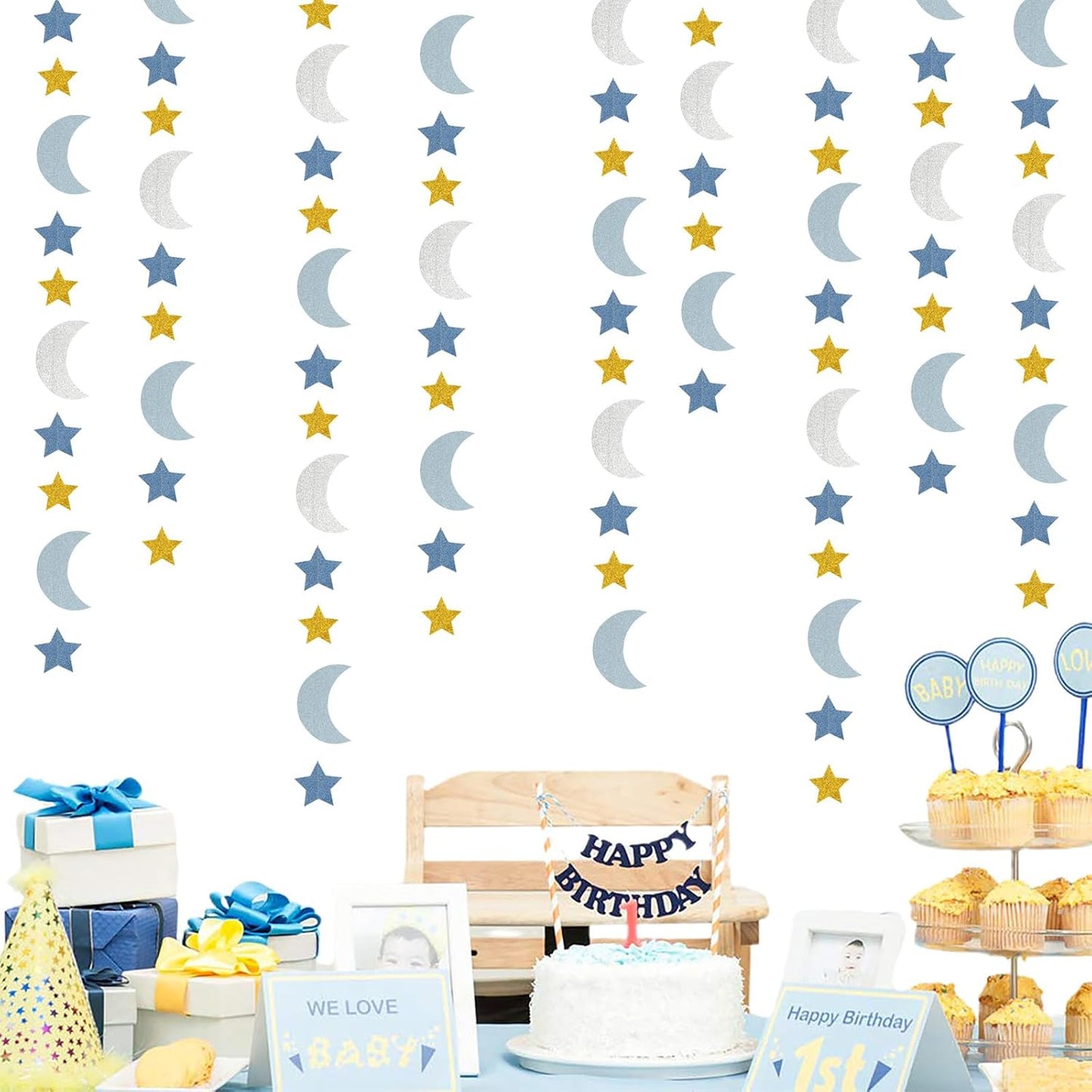 Blue-Gold Silver Party-Decorations Moon-Star Garland / Gold Silver Blue / 62 Inch