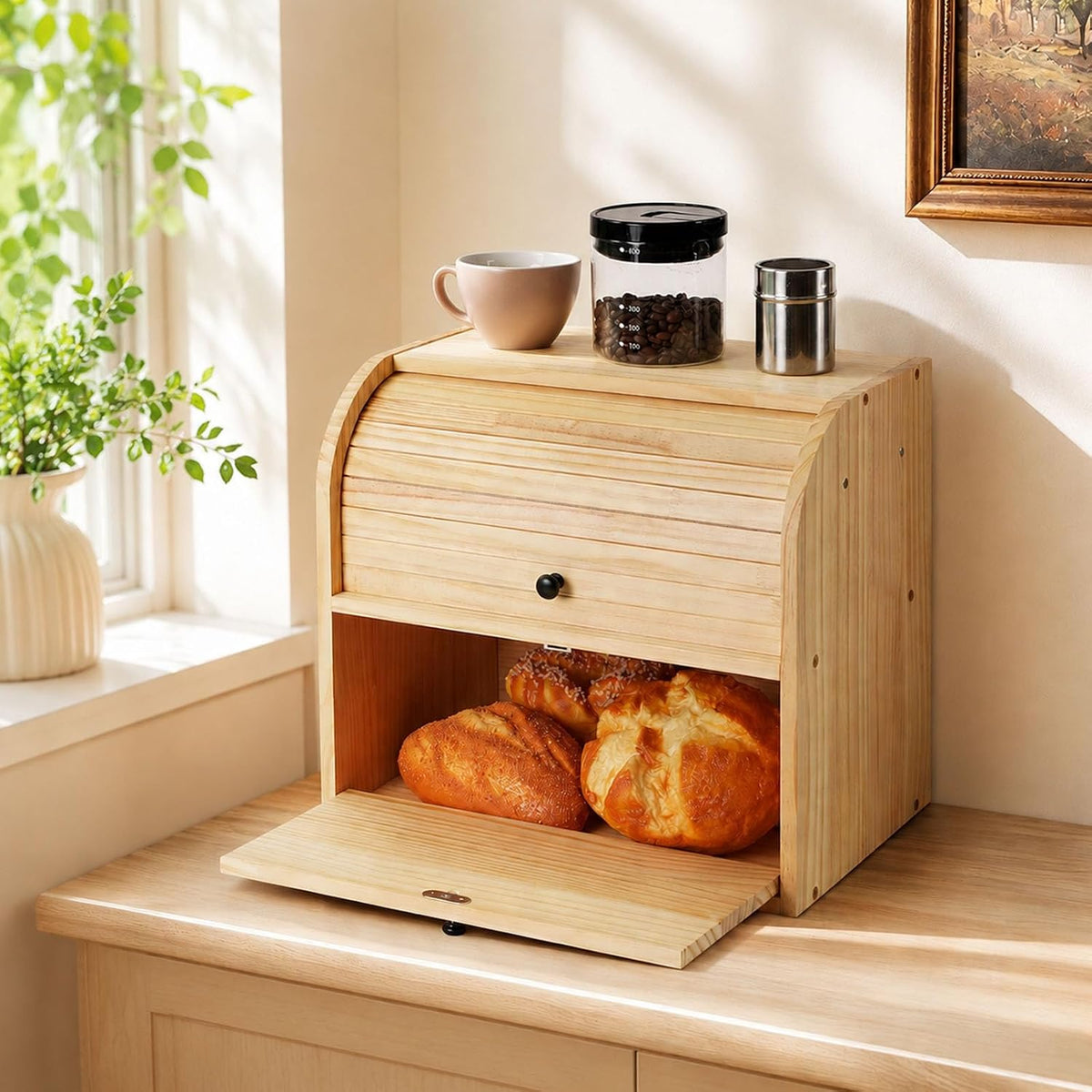 Sunhoo Wooden Bread Box for Kitchen Countertop, Roll Top Breadbox, Natural | Large Double Layer Pantry Container, Solid