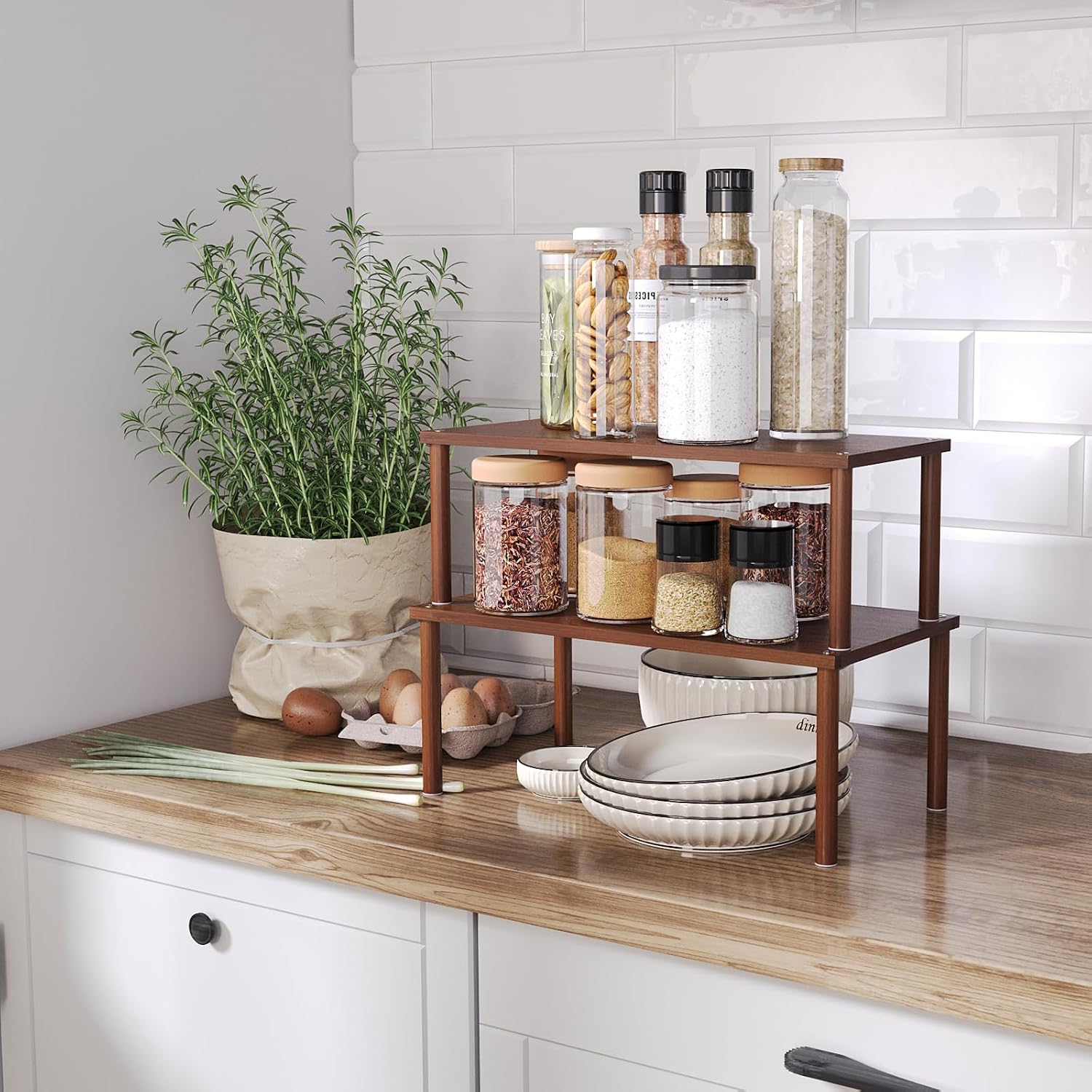 VERTORGAN 2 Pack Cabinet Organizer Shelf,Bamboo Countertop(Large,Brown) | Kitchen Counter Shelves,Spice Rack Countertop