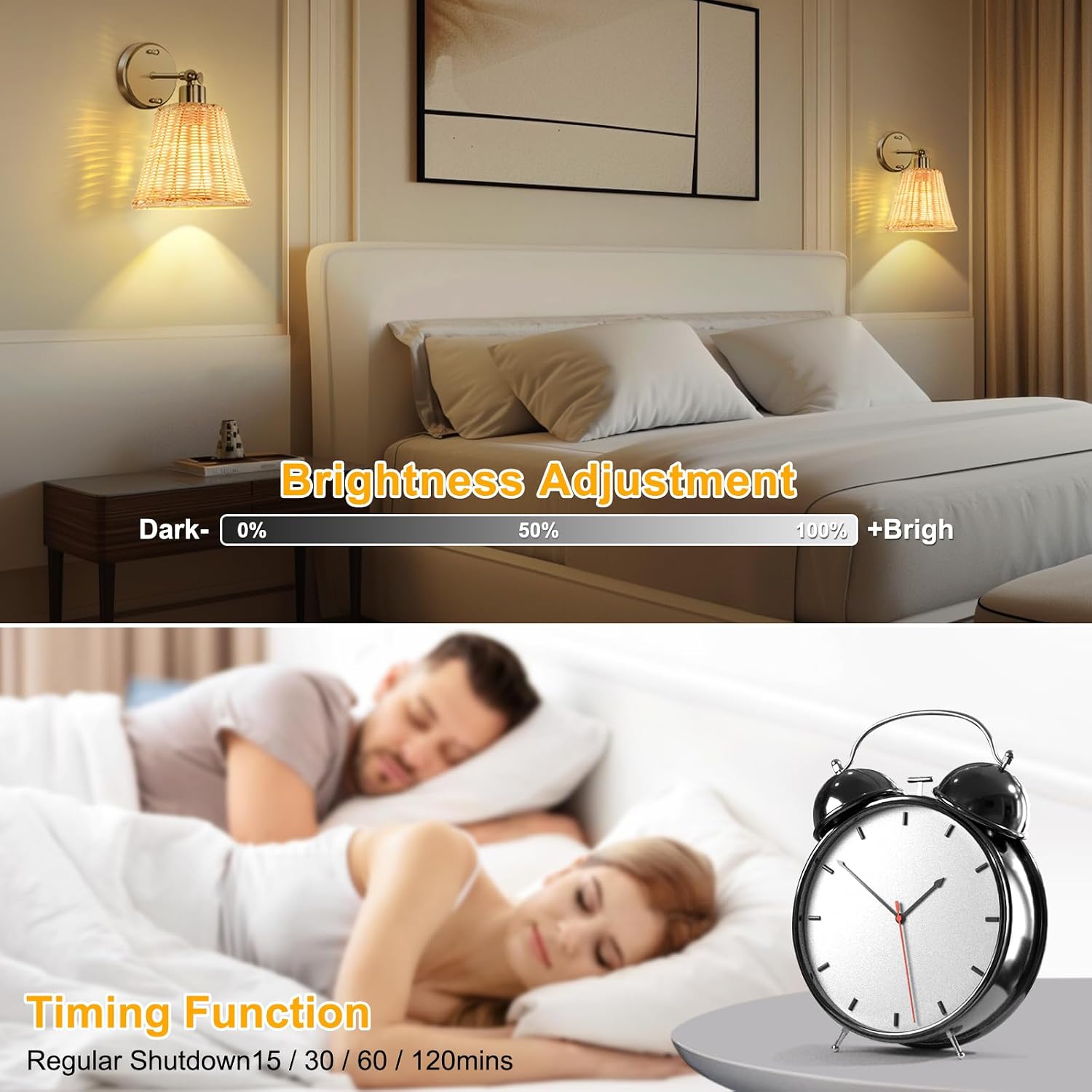 Frideko Rattan Rechargeable Battery Operated Wall Sconces Set of Two with Remote, 3 Colors Dimmable Wireless Wall