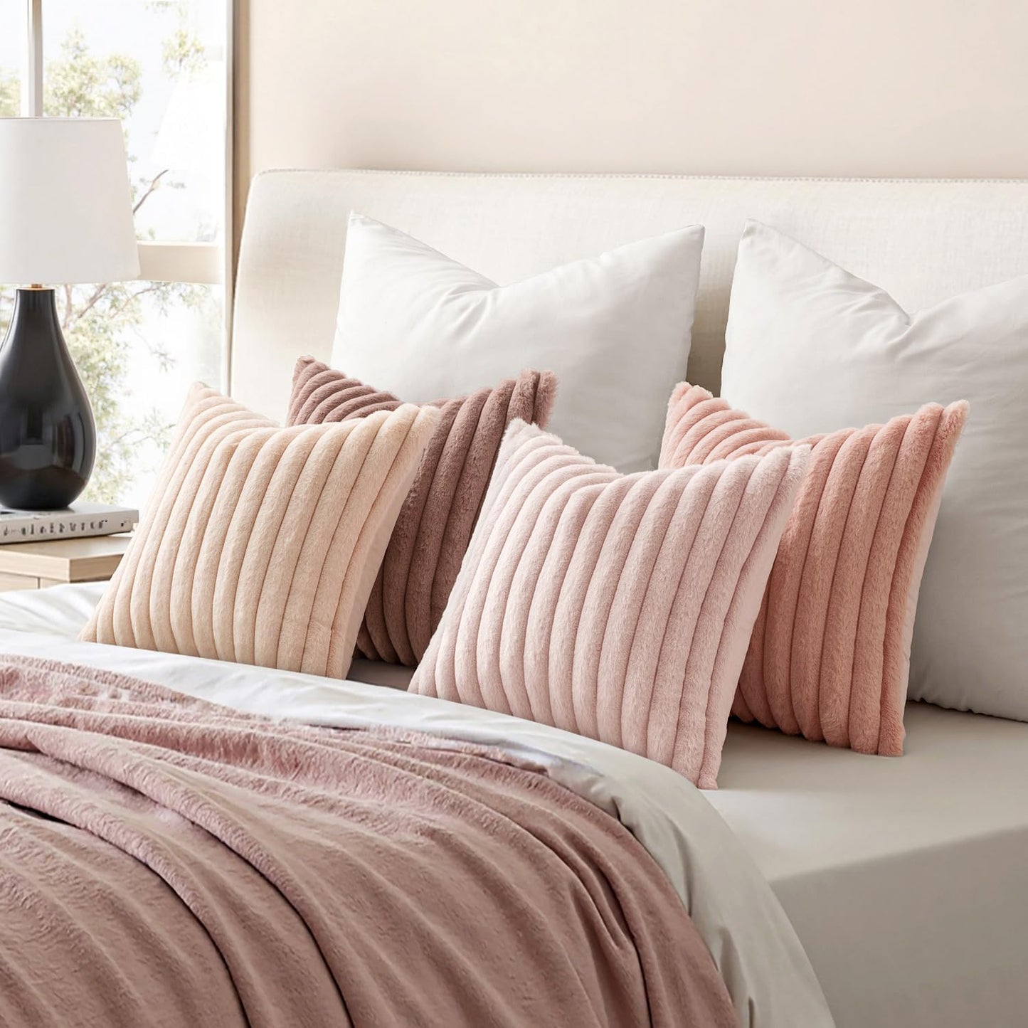 Faux Fur Plush Decorative Throw Pillow Covers / 18 x 18 / Pink / Set of 4