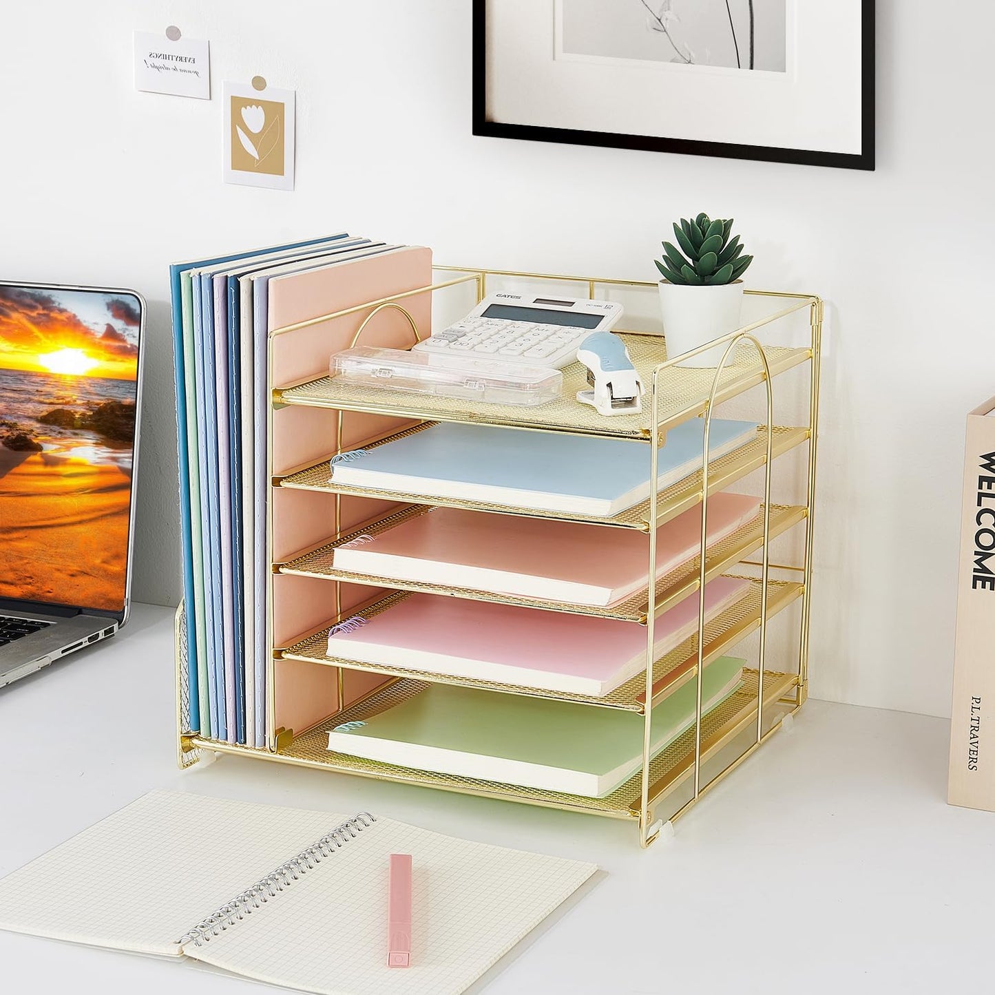 LEKETREE Desk Organizers and Accessories, 5-Tier Paper Letter Tray Organizer with File Holder, Desktop Organizer for