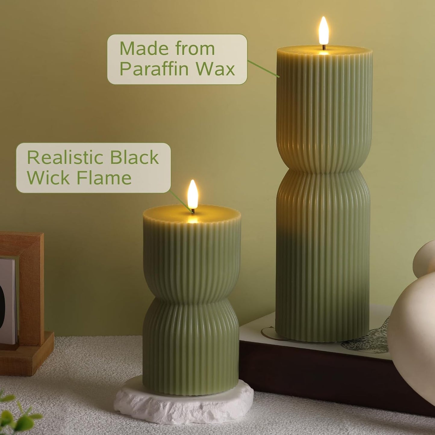 Ribbed Flameless Pillar Candles / Olive Green / Set of 2
